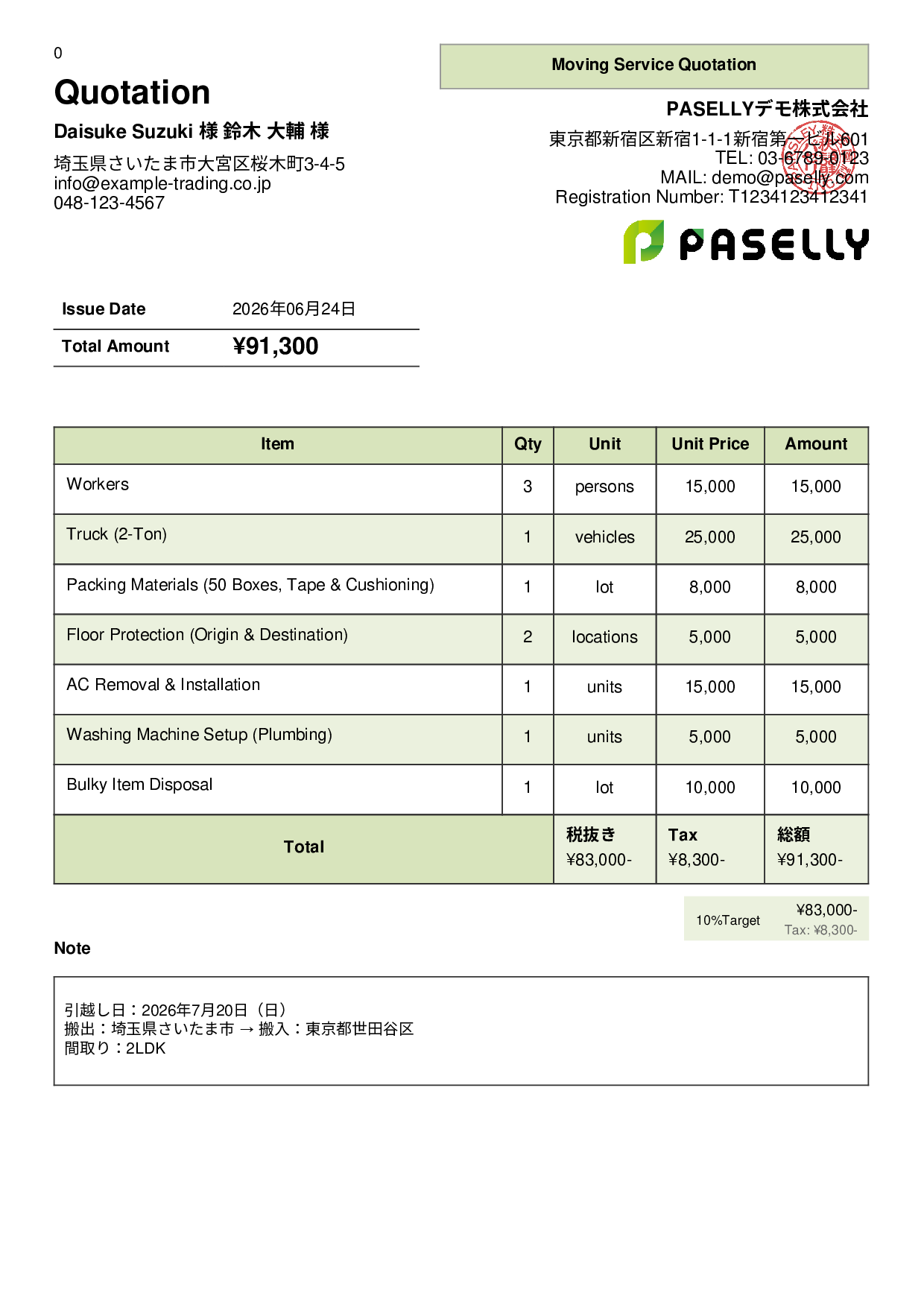 Moving Service Quotation - Panel