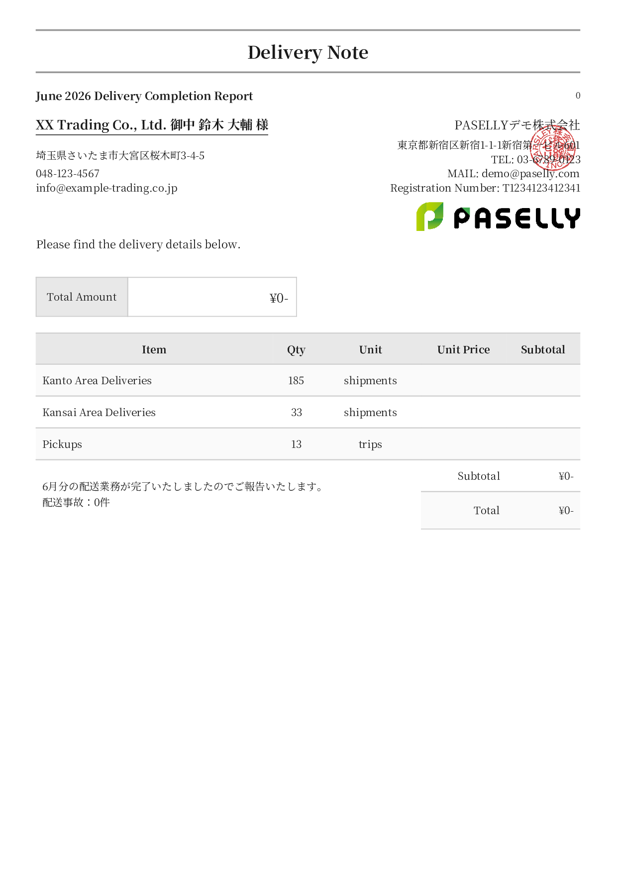 Delivery Completion Report (Delivery Note) - Formal