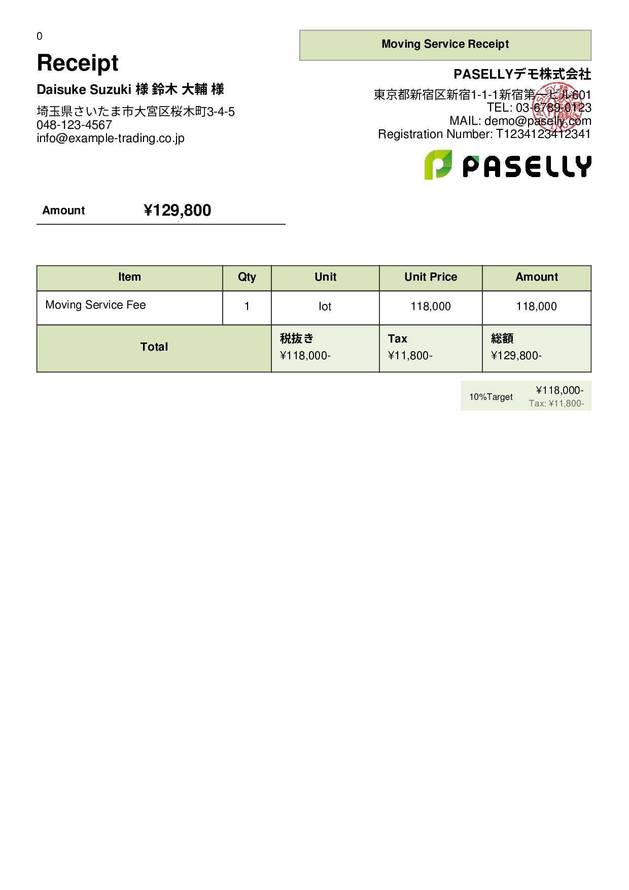 Moving Service Receipt - Panel