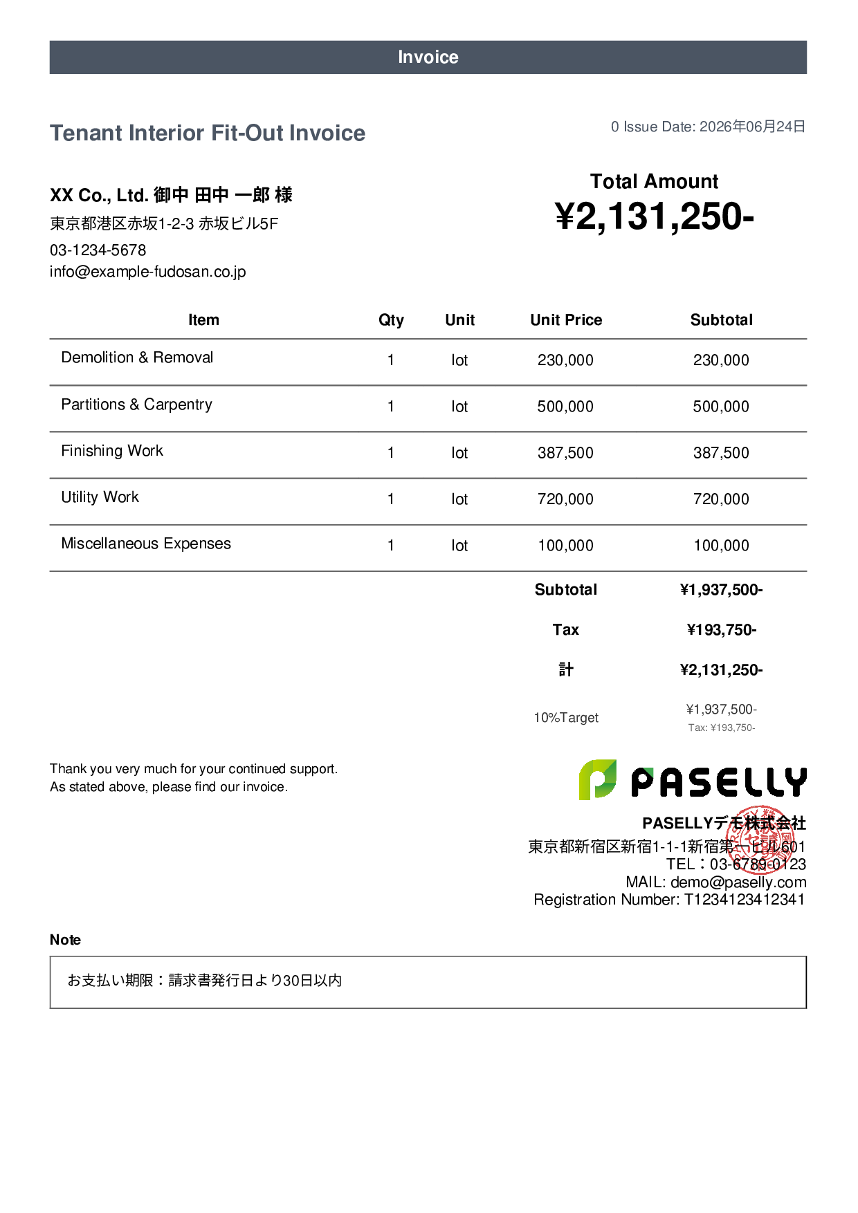 Interior Fit-Out Invoice - Casual