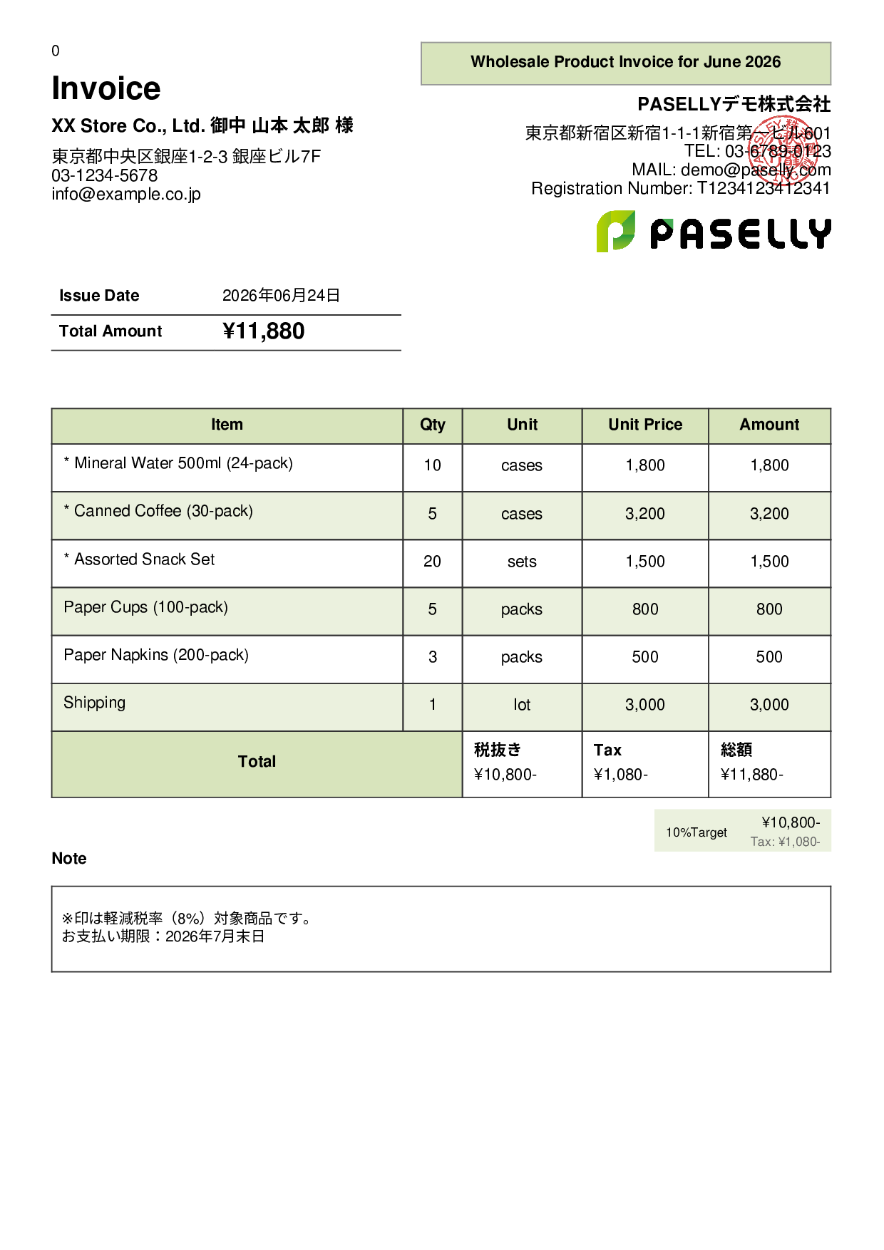 Invoice with Mixed Tax Rates (8% & 10%) - Panel