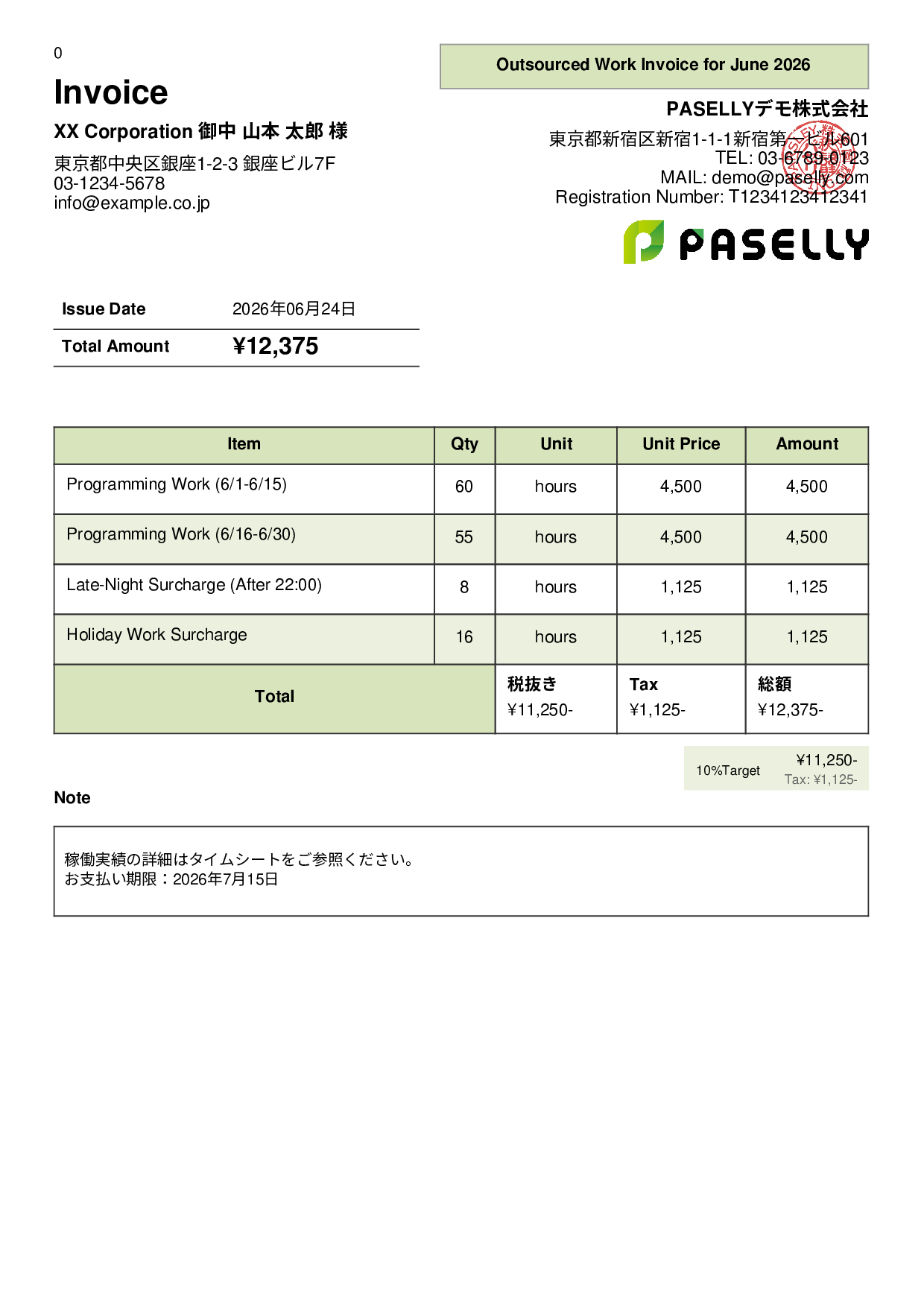 Hourly / Daily Rate Invoice - Panel