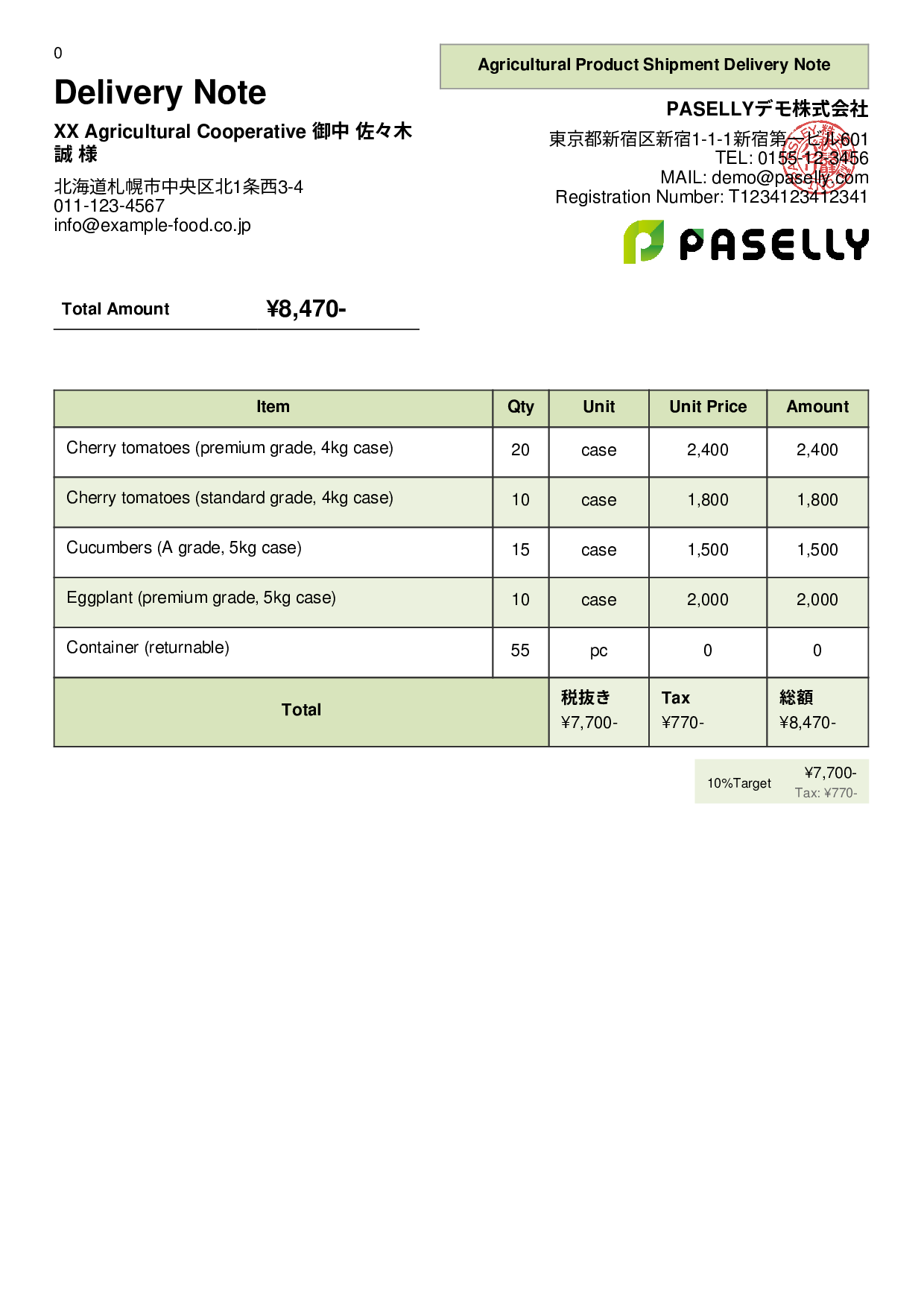 Agricultural Product Shipment Delivery Note - Panel
