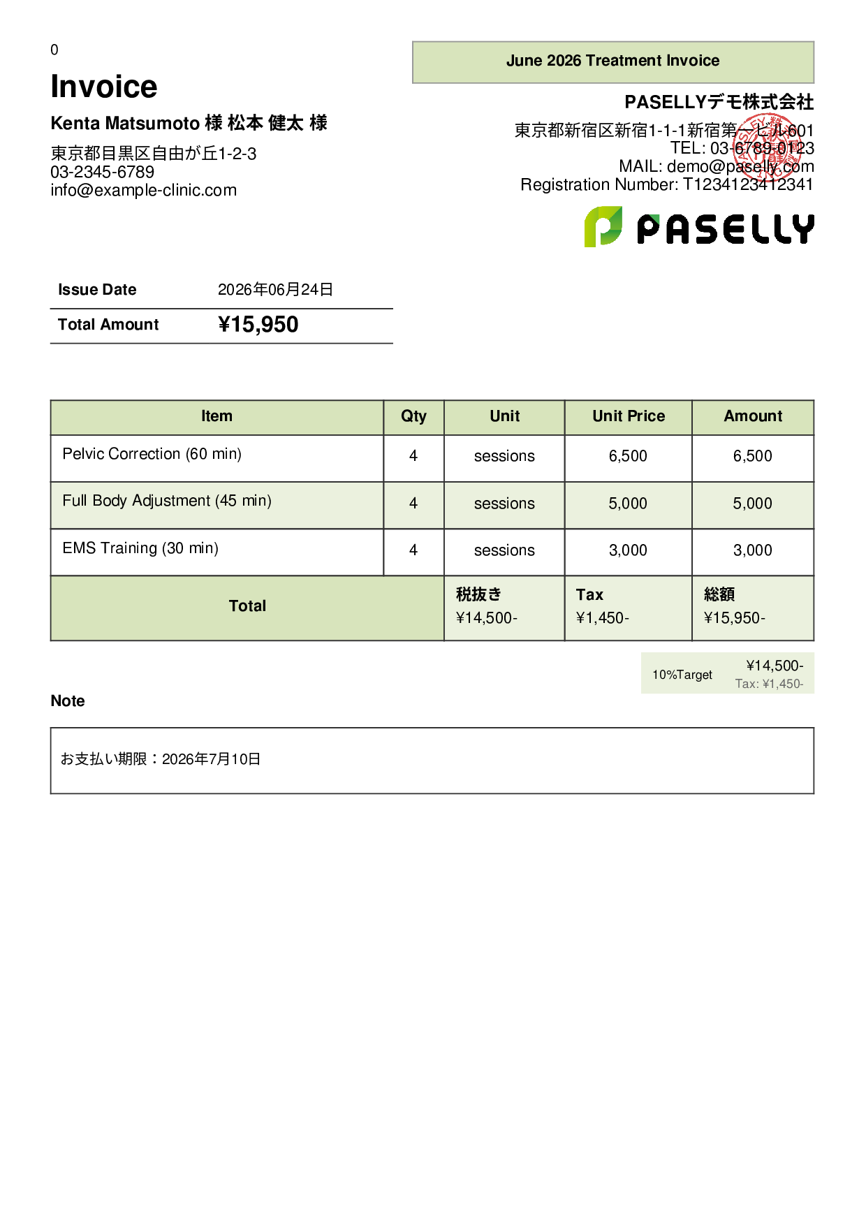 Bonesetter Monthly Treatment Invoice - Panel