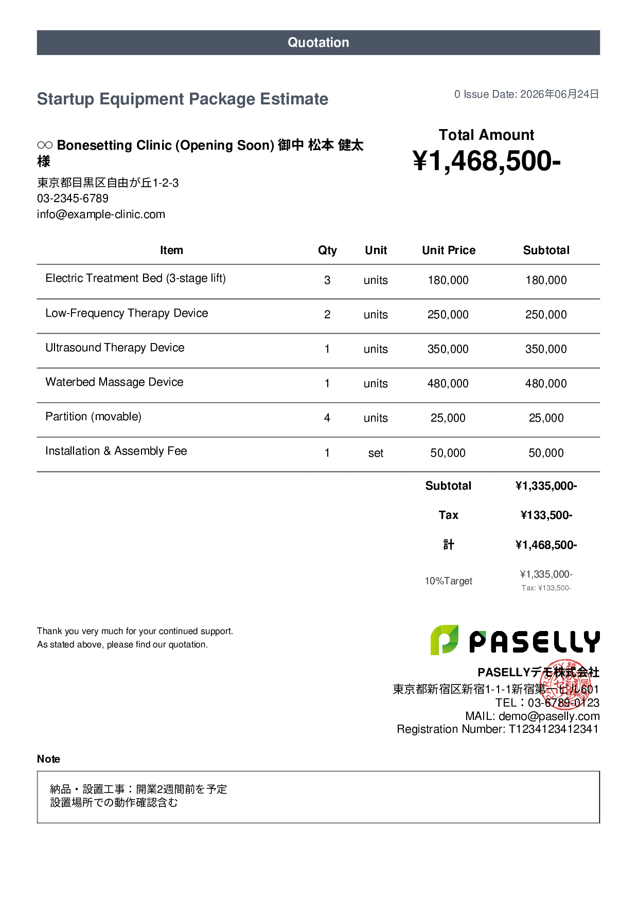 Bonesetting Clinic Startup Equipment Estimate - Casual