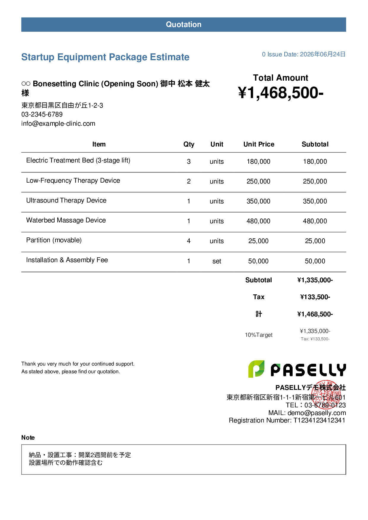Bonesetting Clinic Startup Equipment Estimate - Casual