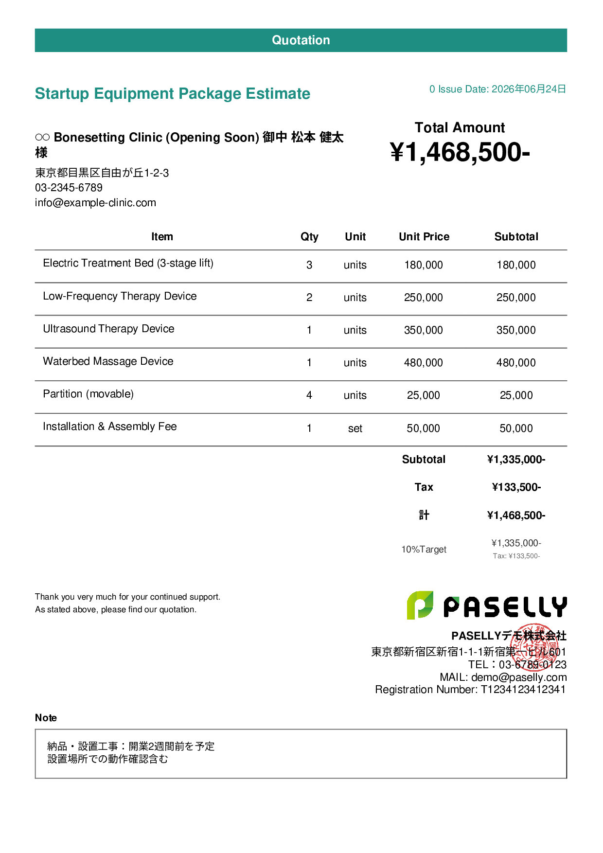 Bonesetting Clinic Startup Equipment Estimate - Casual
