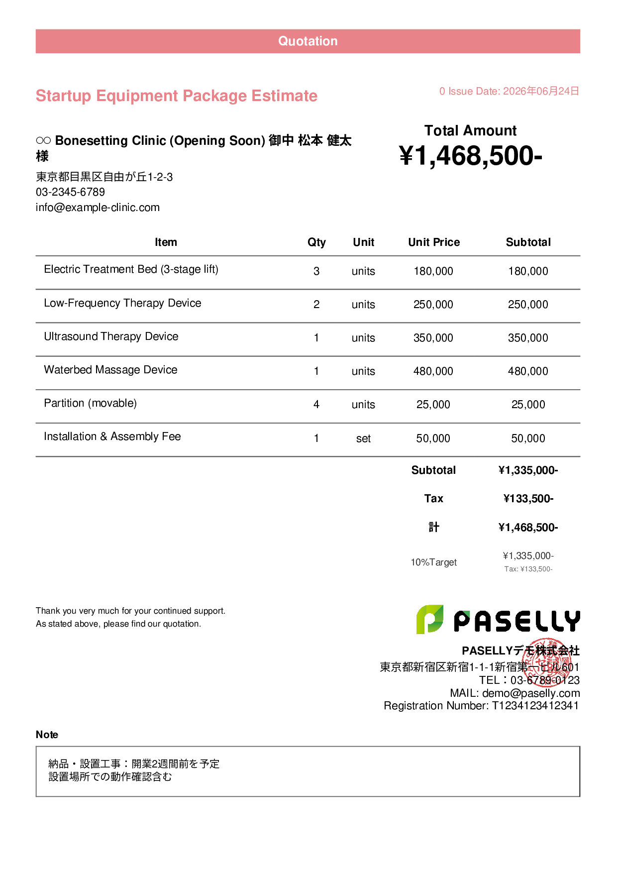 Bonesetting Clinic Startup Equipment Estimate - Casual