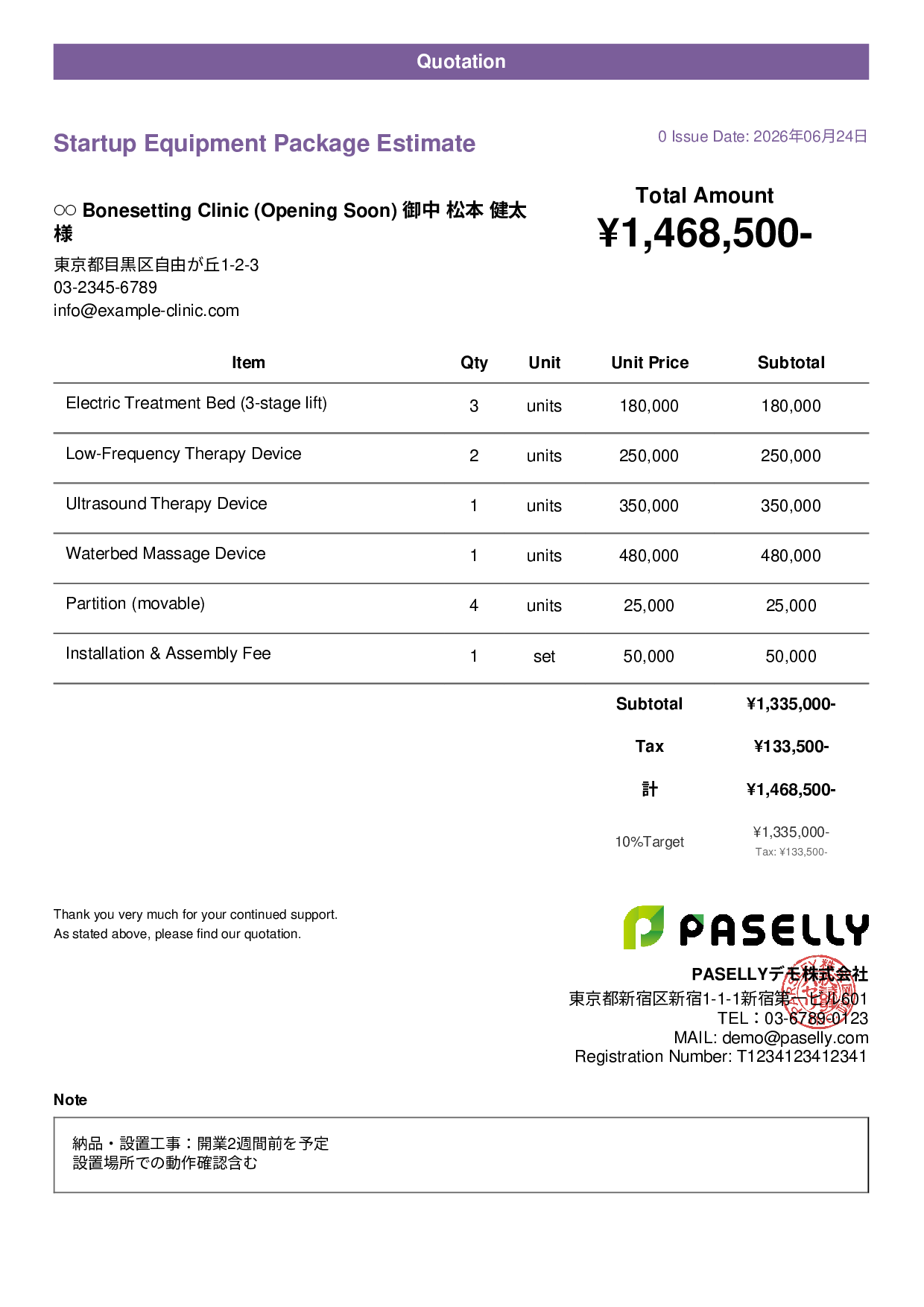 Bonesetting Clinic Startup Equipment Estimate - Casual