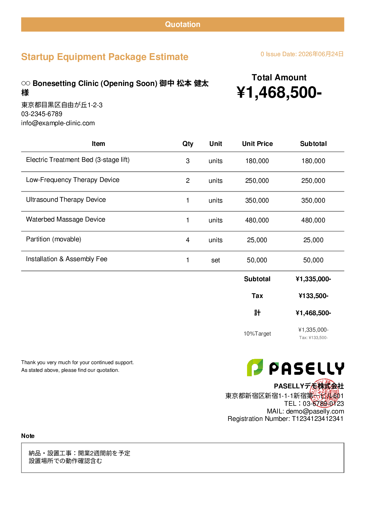 Bonesetting Clinic Startup Equipment Estimate - Casual