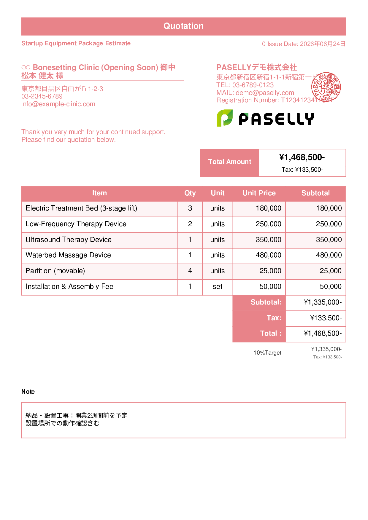 Bonesetting Clinic Startup Equipment Estimate - Standard 1