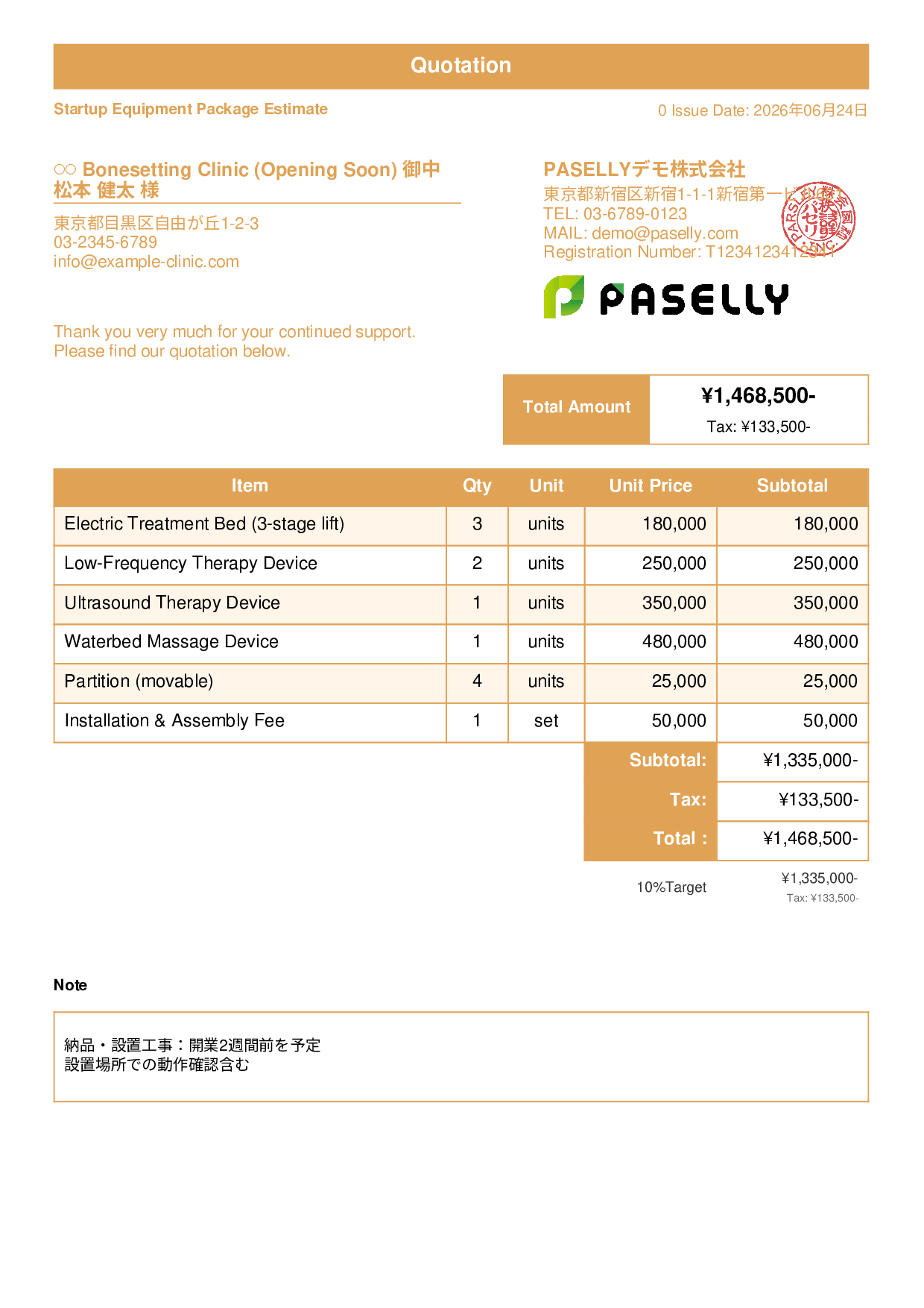 Bonesetting Clinic Startup Equipment Estimate - Standard 1
