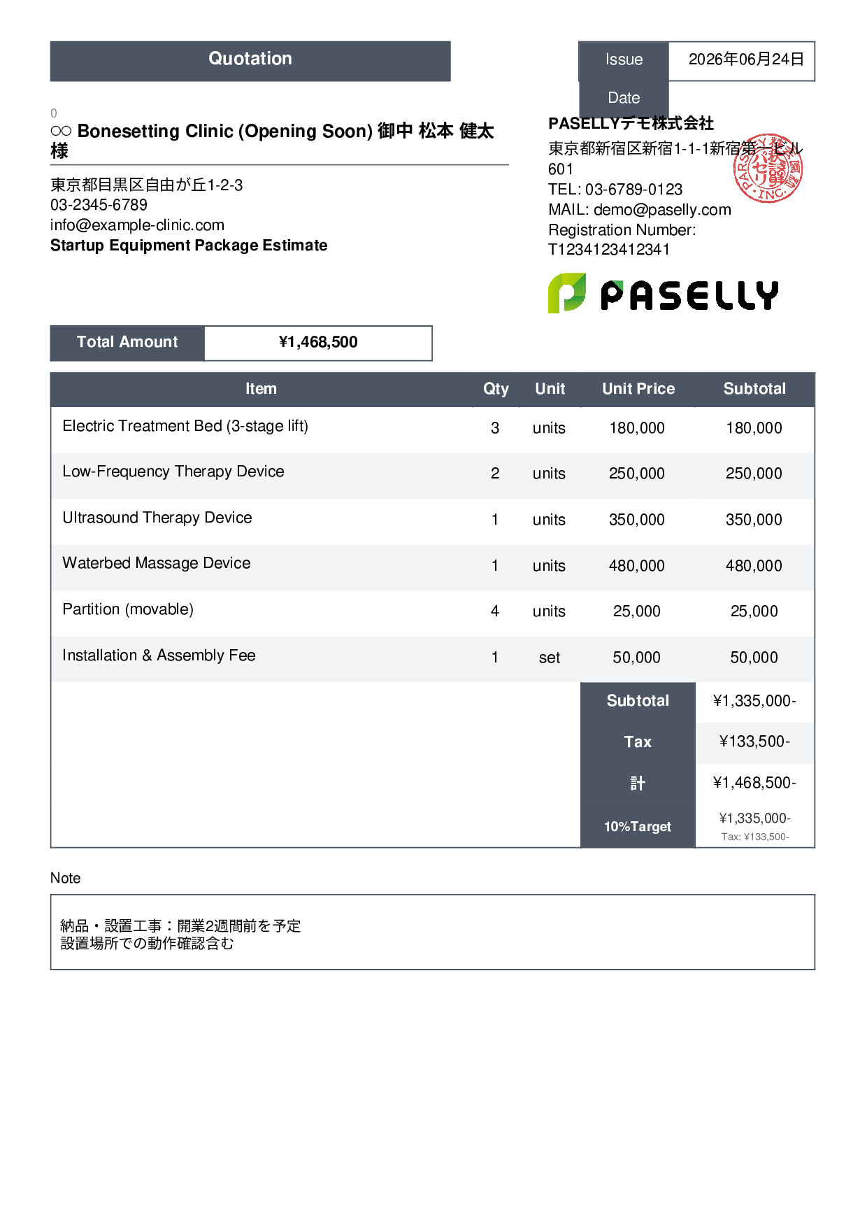 Bonesetting Clinic Startup Equipment Estimate - Standard 3
