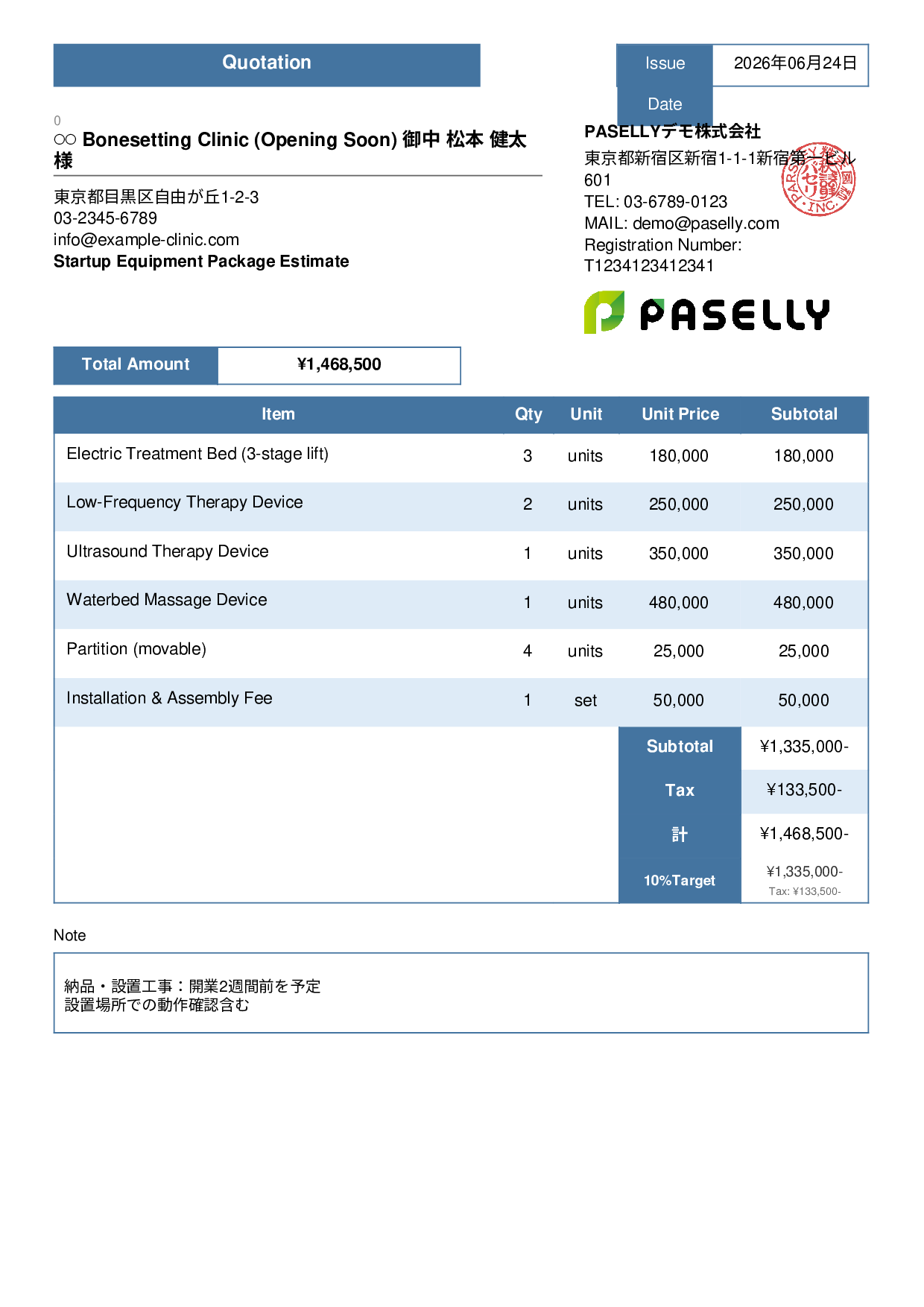 Bonesetting Clinic Startup Equipment Estimate - Standard 3