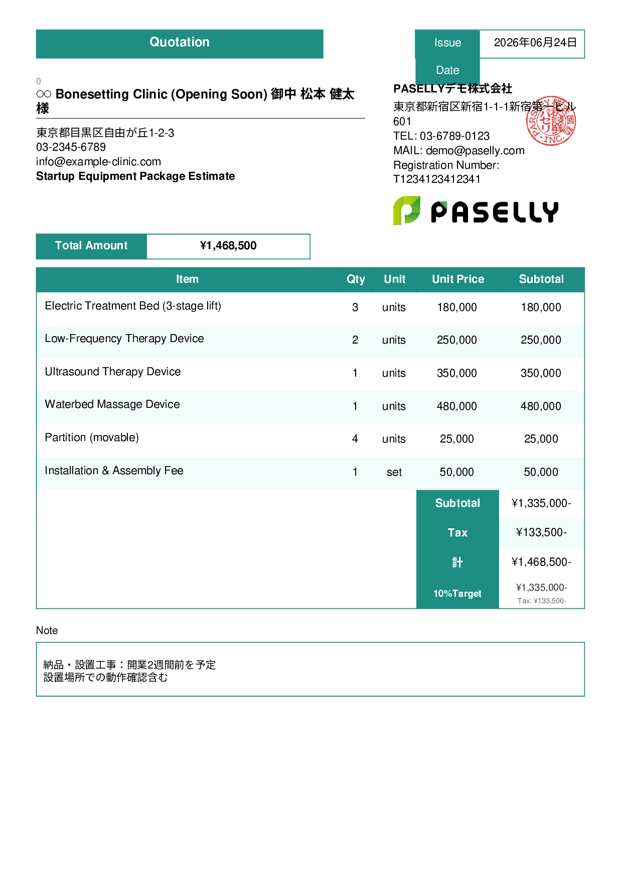 Bonesetting Clinic Startup Equipment Estimate - Standard 3