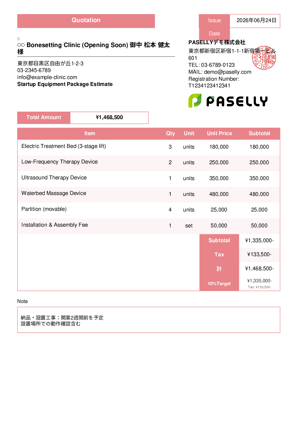 Bonesetting Clinic Startup Equipment Estimate - Standard 3