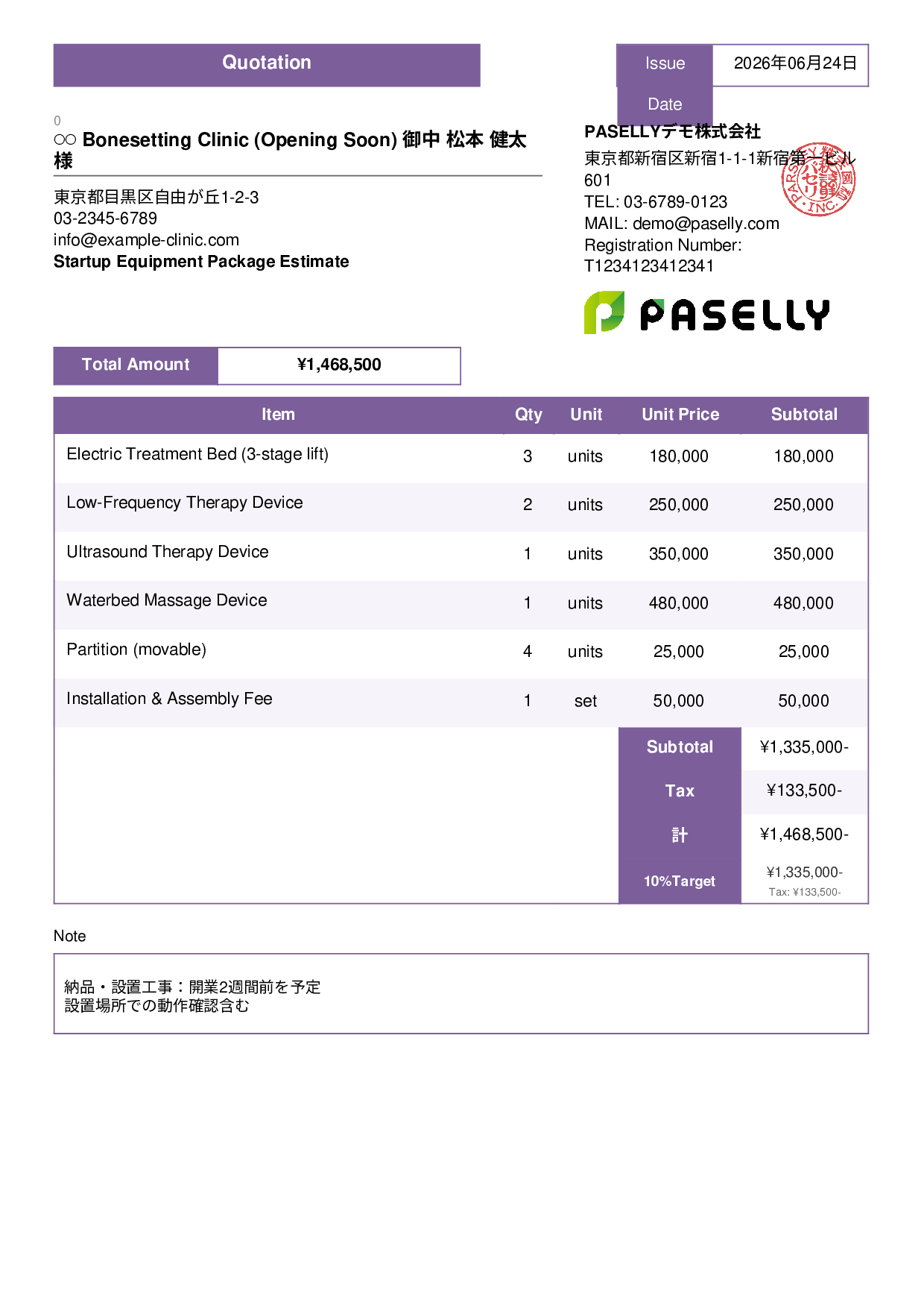 Bonesetting Clinic Startup Equipment Estimate - Standard 3
