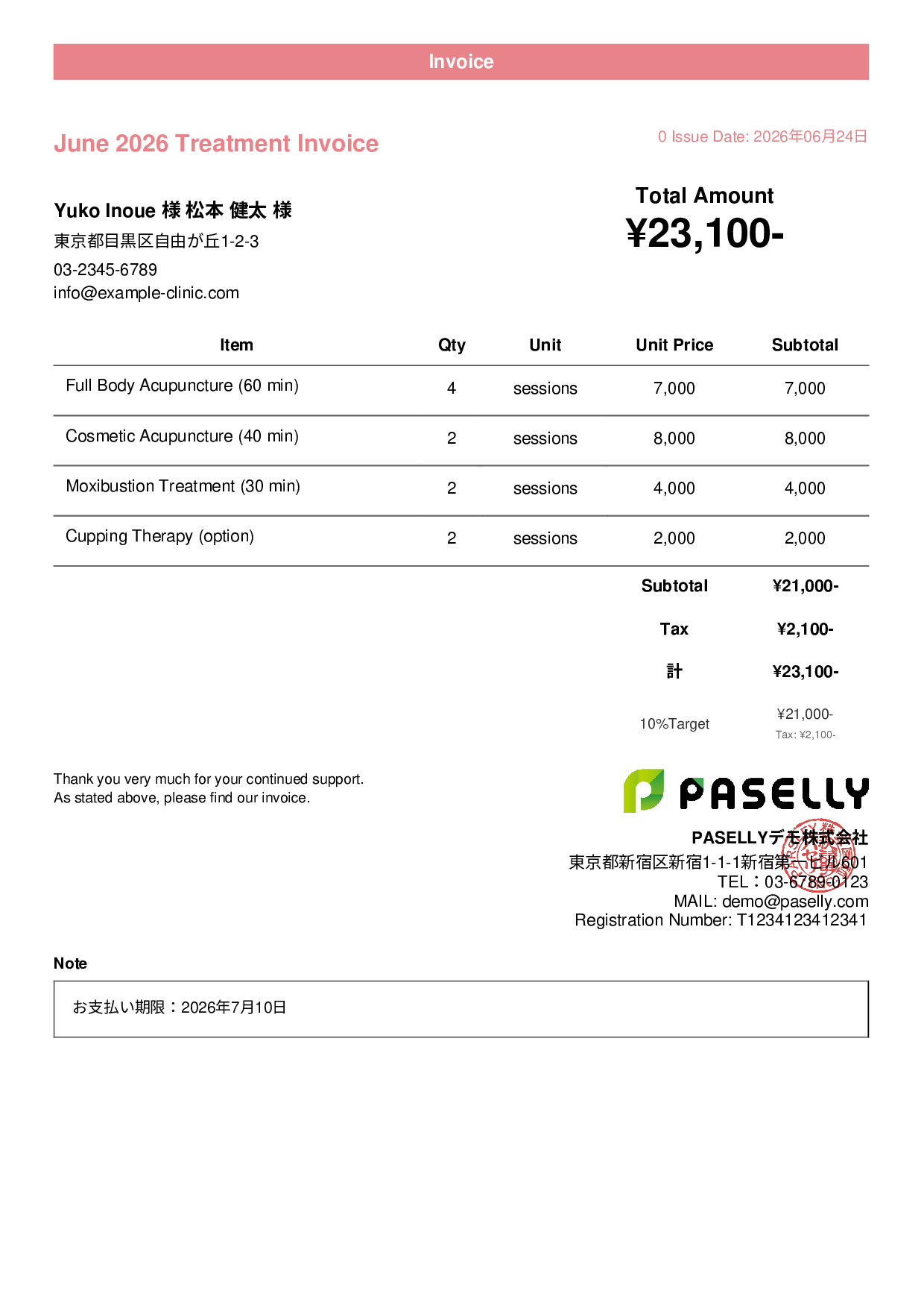 Acupuncture Clinic Invoice - Casual
