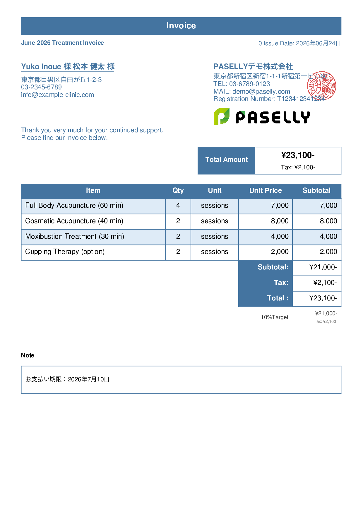 Acupuncture Clinic Invoice - Standard 1