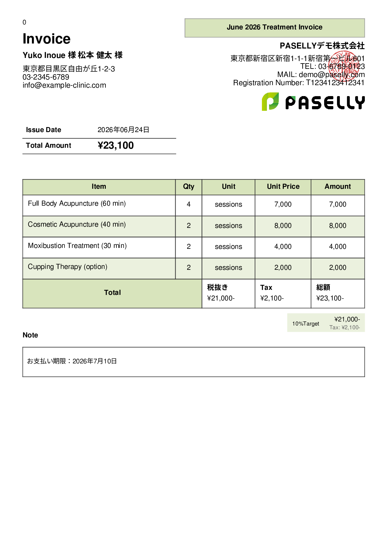 Acupuncture Clinic Invoice - Panel