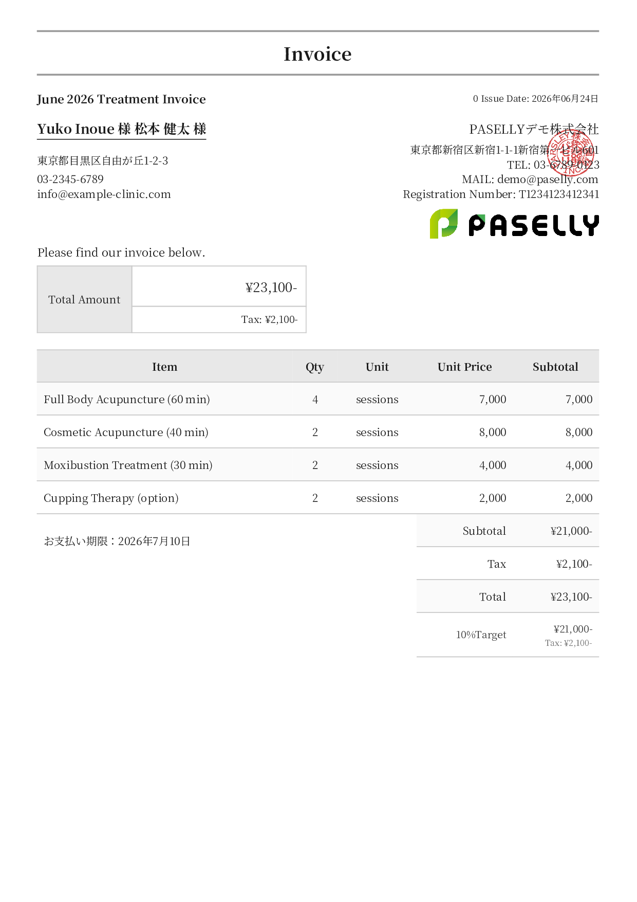 Acupuncture Clinic Invoice - Formal