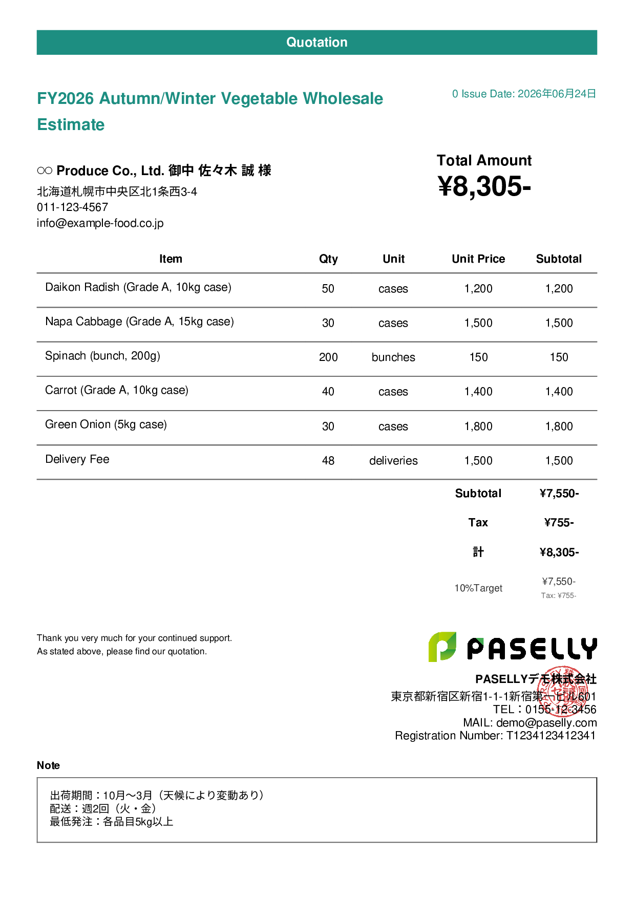Agricultural Produce Wholesale Estimate - Casual