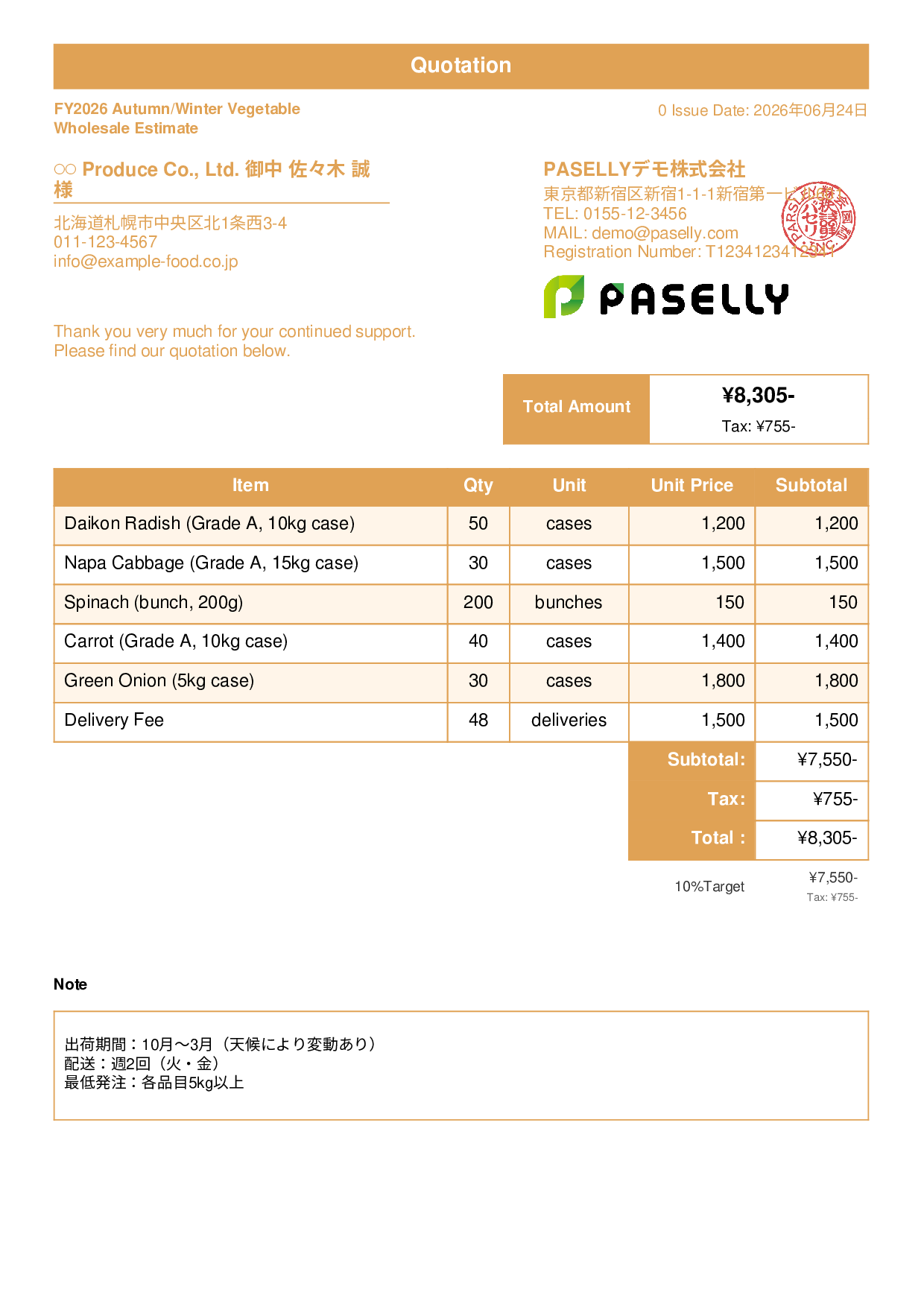 Agricultural Produce Wholesale Estimate - Standard 1