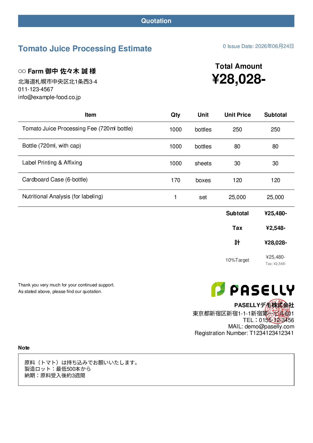 Agricultural Product Processing Estimate - Casual