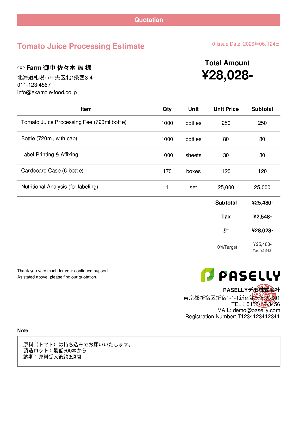 Agricultural Product Processing Estimate - Casual