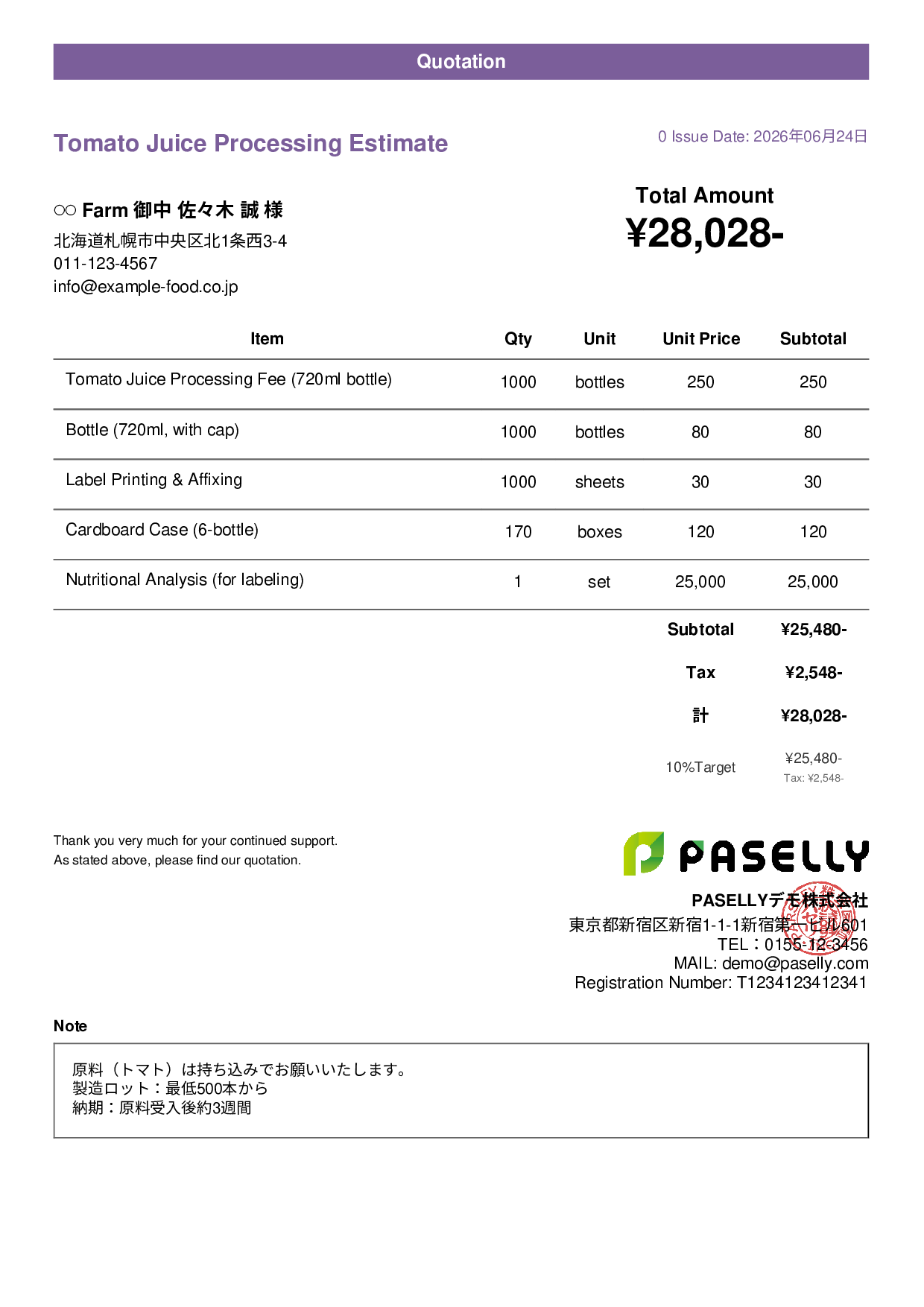Agricultural Product Processing Estimate - Casual