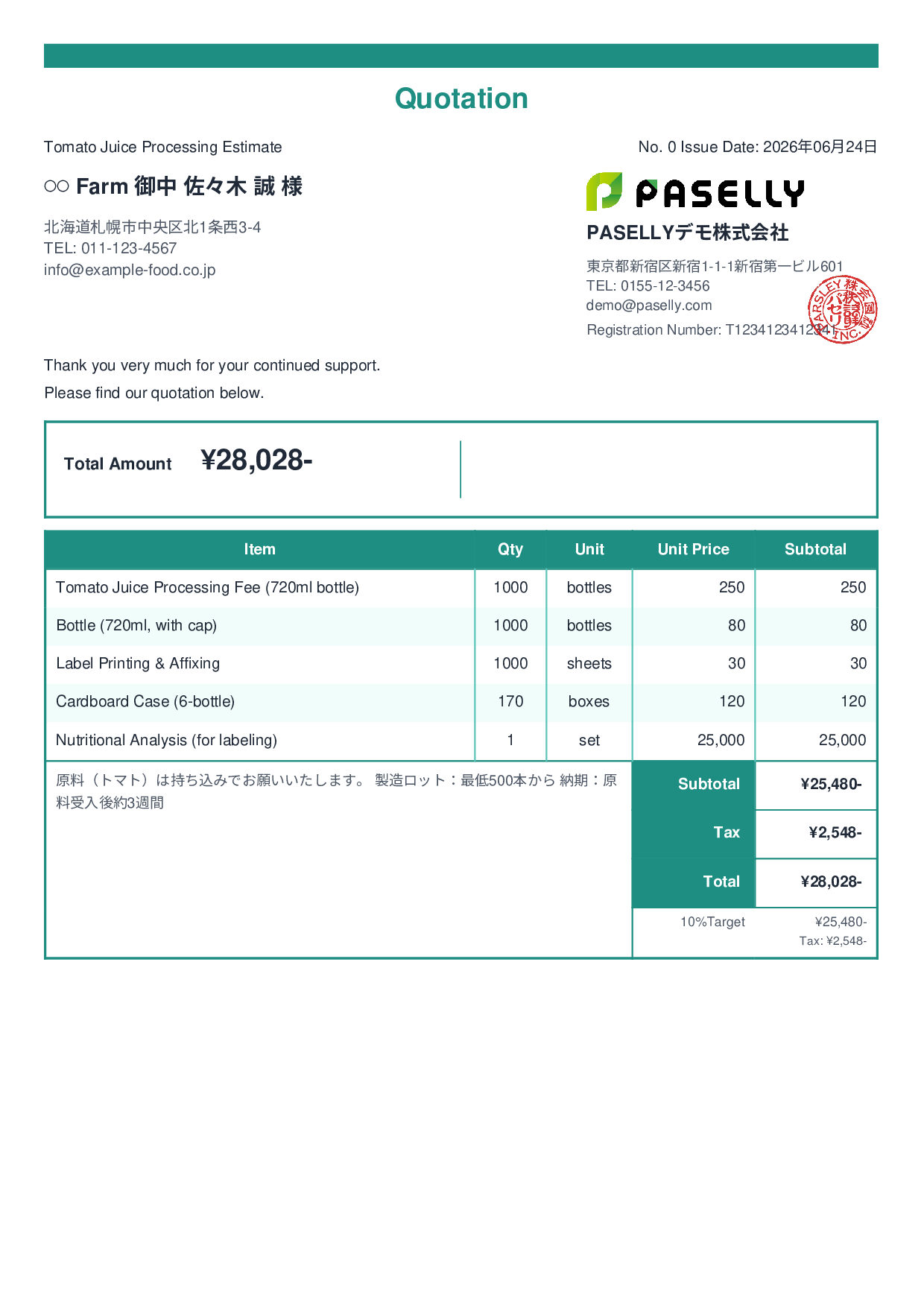 Agricultural Product Processing Estimate - Standard 2