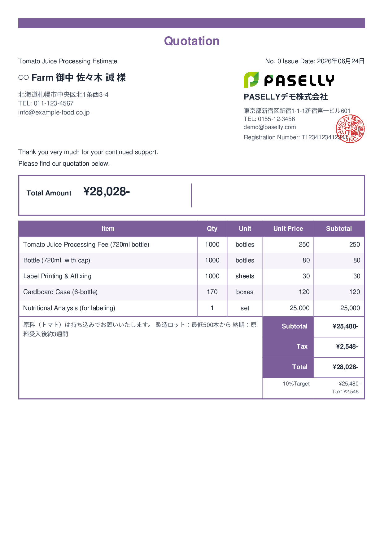 Agricultural Product Processing Estimate - Standard 2