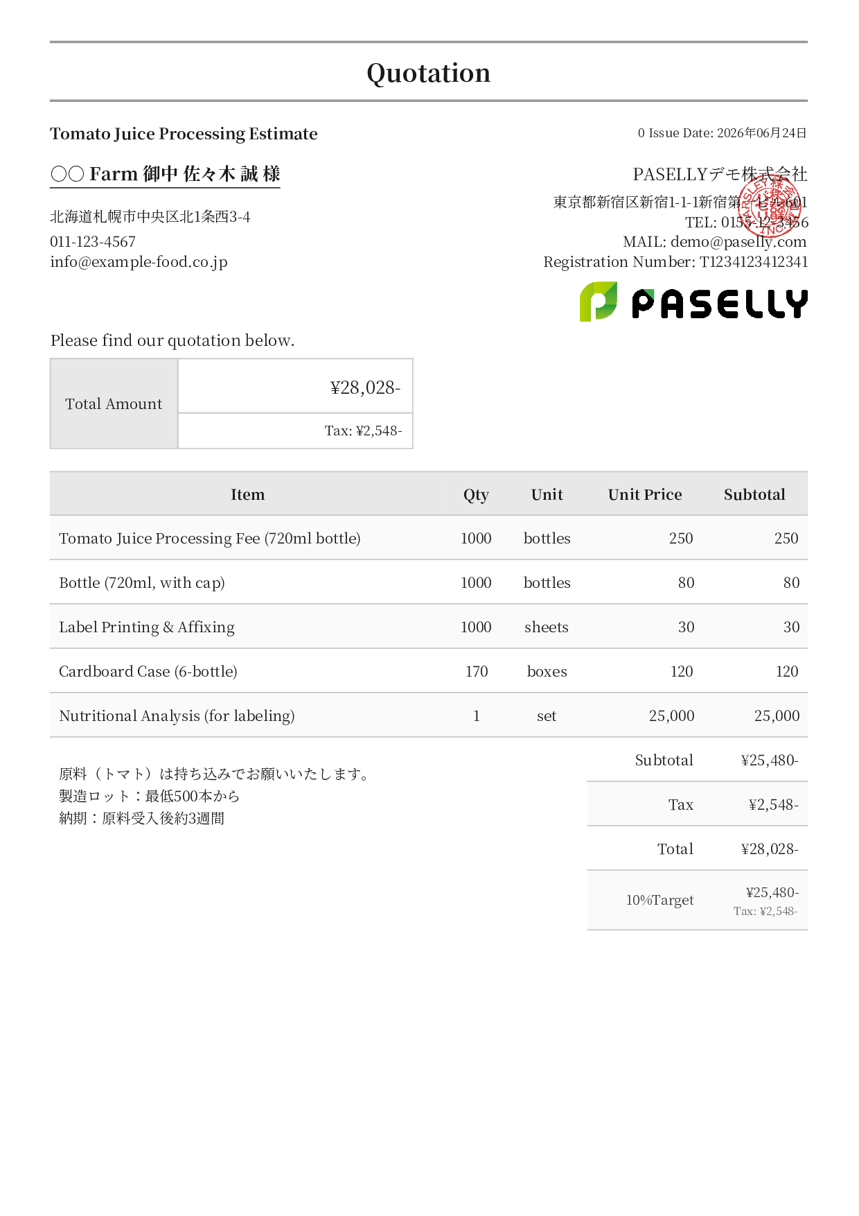Agricultural Product Processing Estimate - Formal