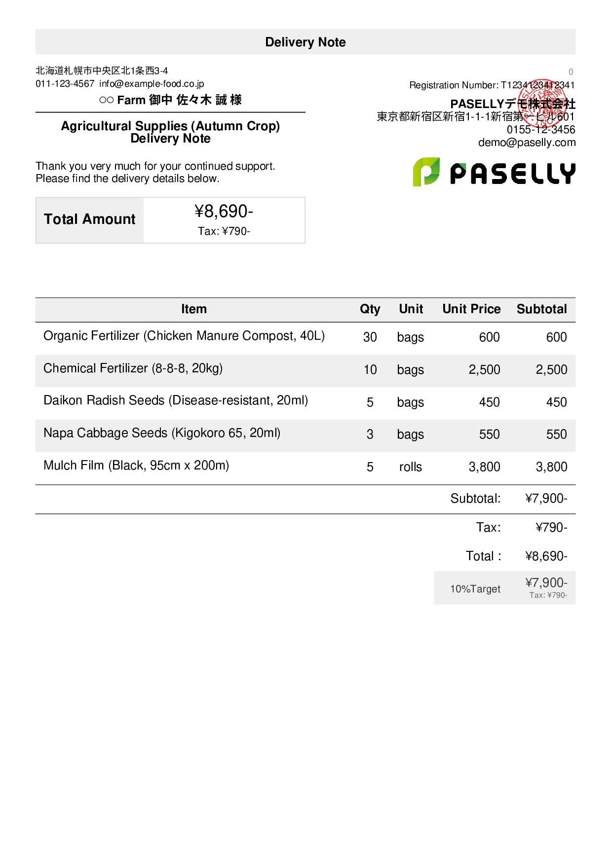 Agricultural Supplies Delivery Note