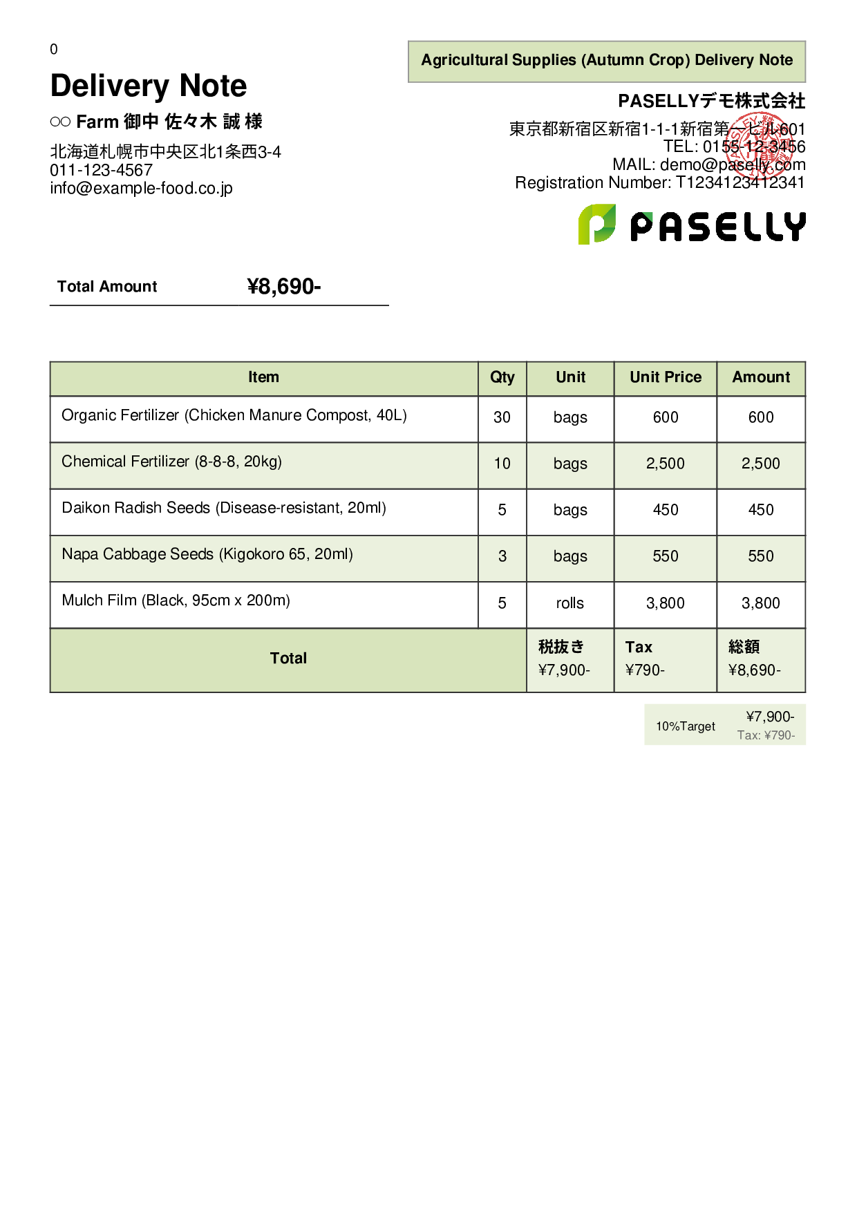 Agricultural Supplies Delivery Note - Panel