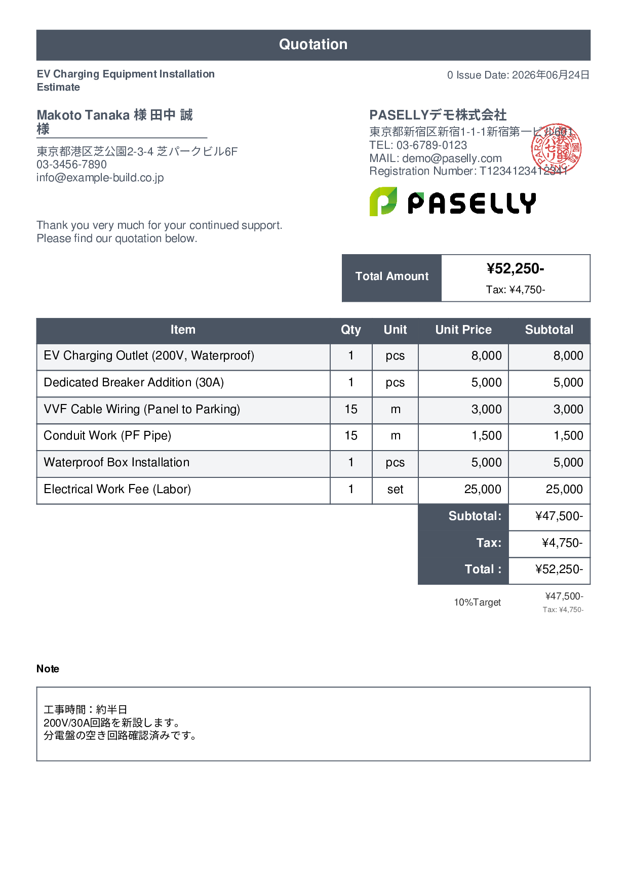 EV Charger Installation Estimate - Standard 1