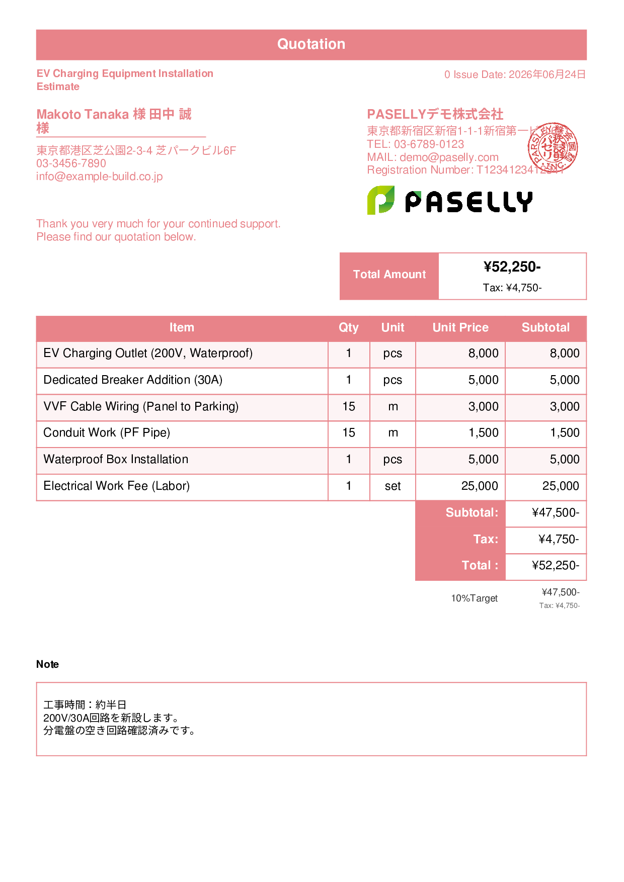 EV Charger Installation Estimate - Standard 1