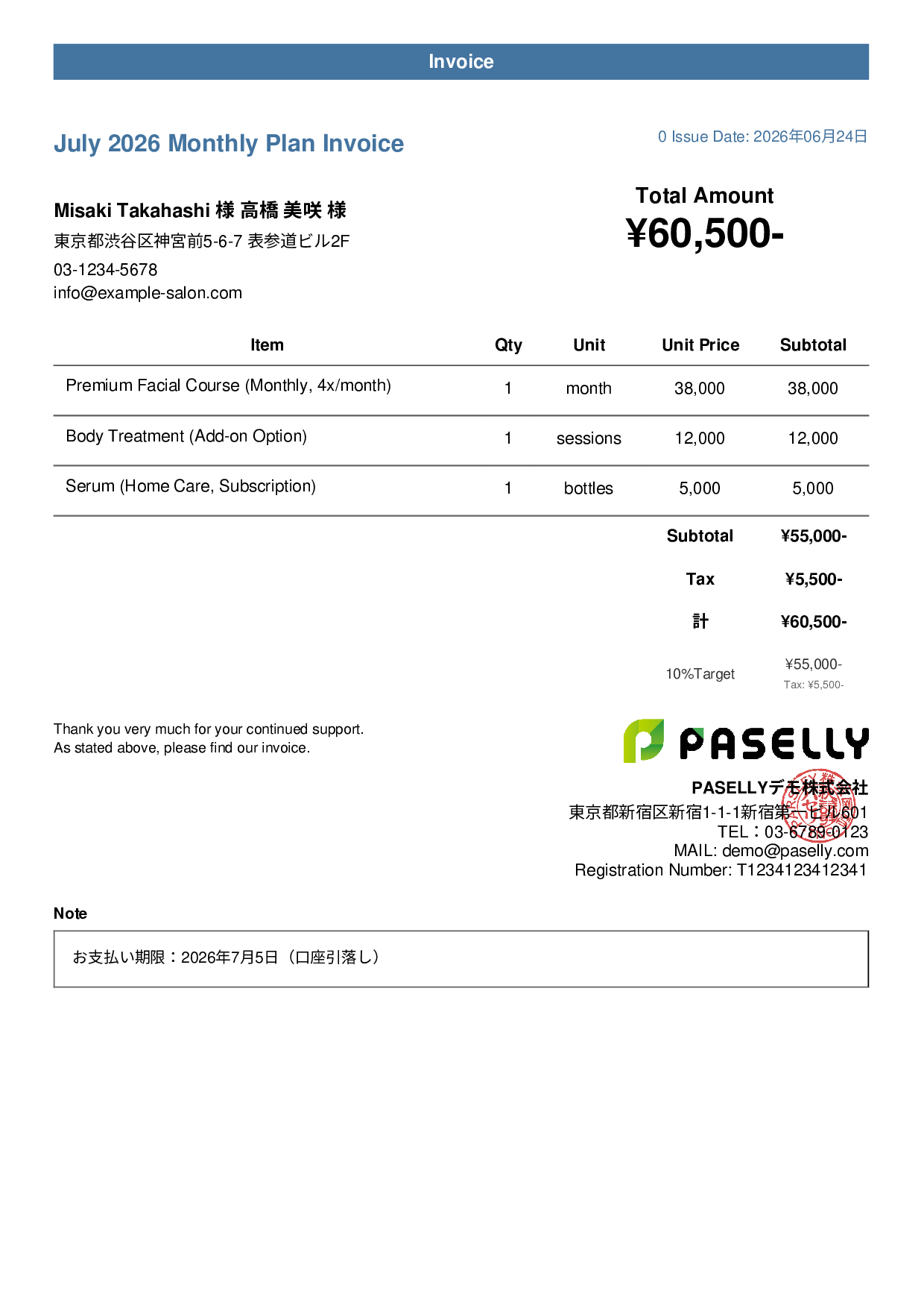 Esthetic Salon Monthly Plan Invoice - Casual