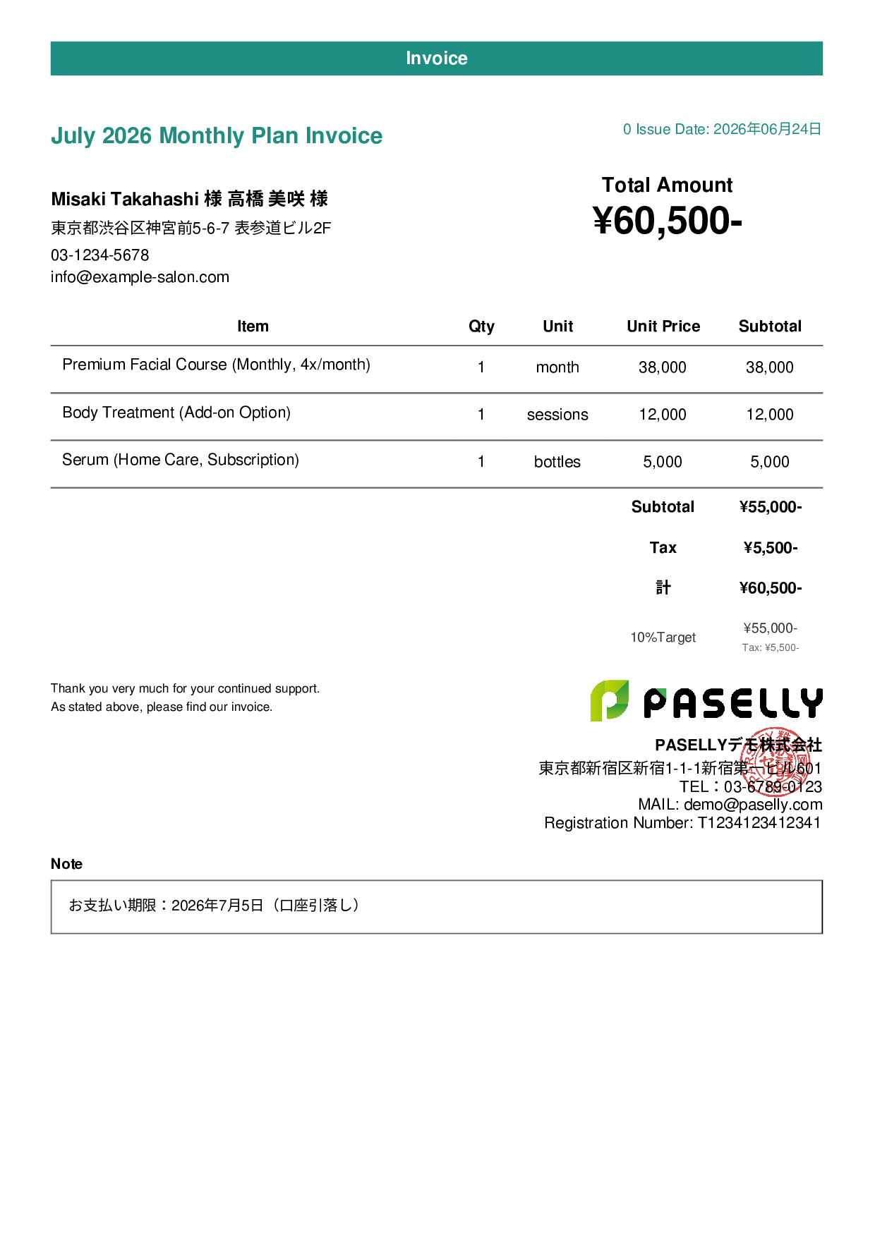 Esthetic Salon Monthly Plan Invoice - Casual