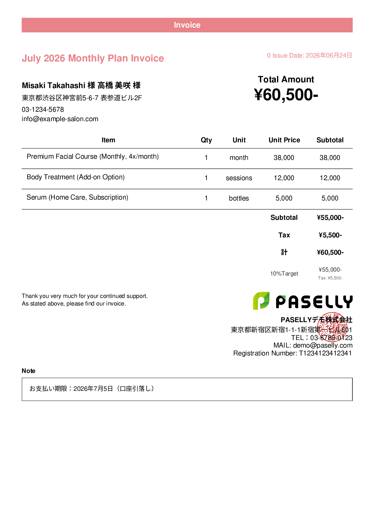 Esthetic Salon Monthly Plan Invoice - Casual