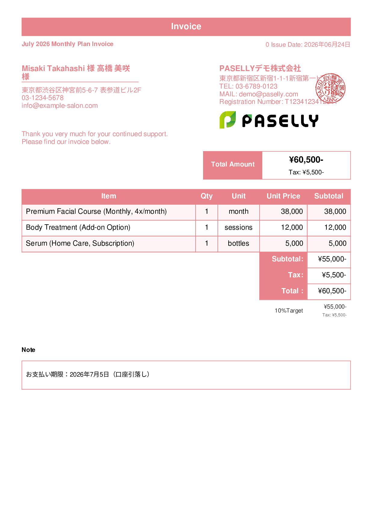 Esthetic Salon Monthly Plan Invoice - Standard 1