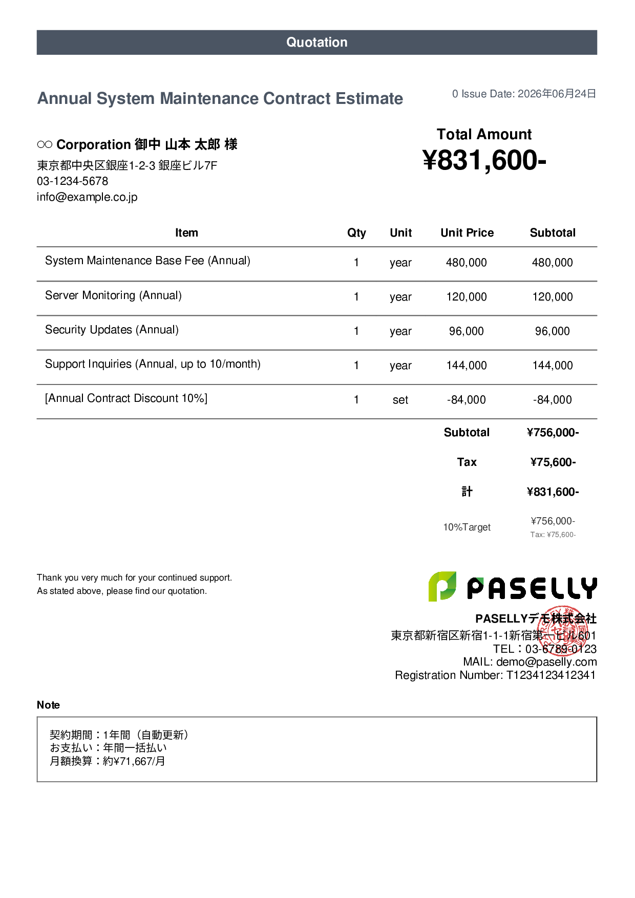 Annual Maintenance Contract Estimate (Monthly Equivalent) - Casual