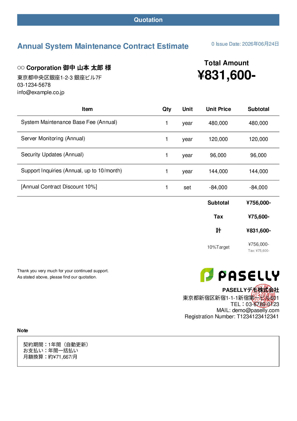Annual Maintenance Contract Estimate (Monthly Equivalent) - Casual