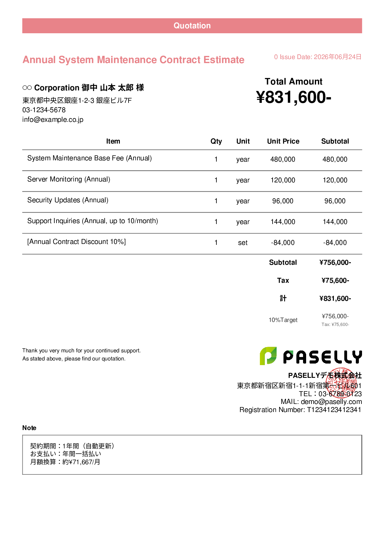 Annual Maintenance Contract Estimate (Monthly Equivalent) - Casual