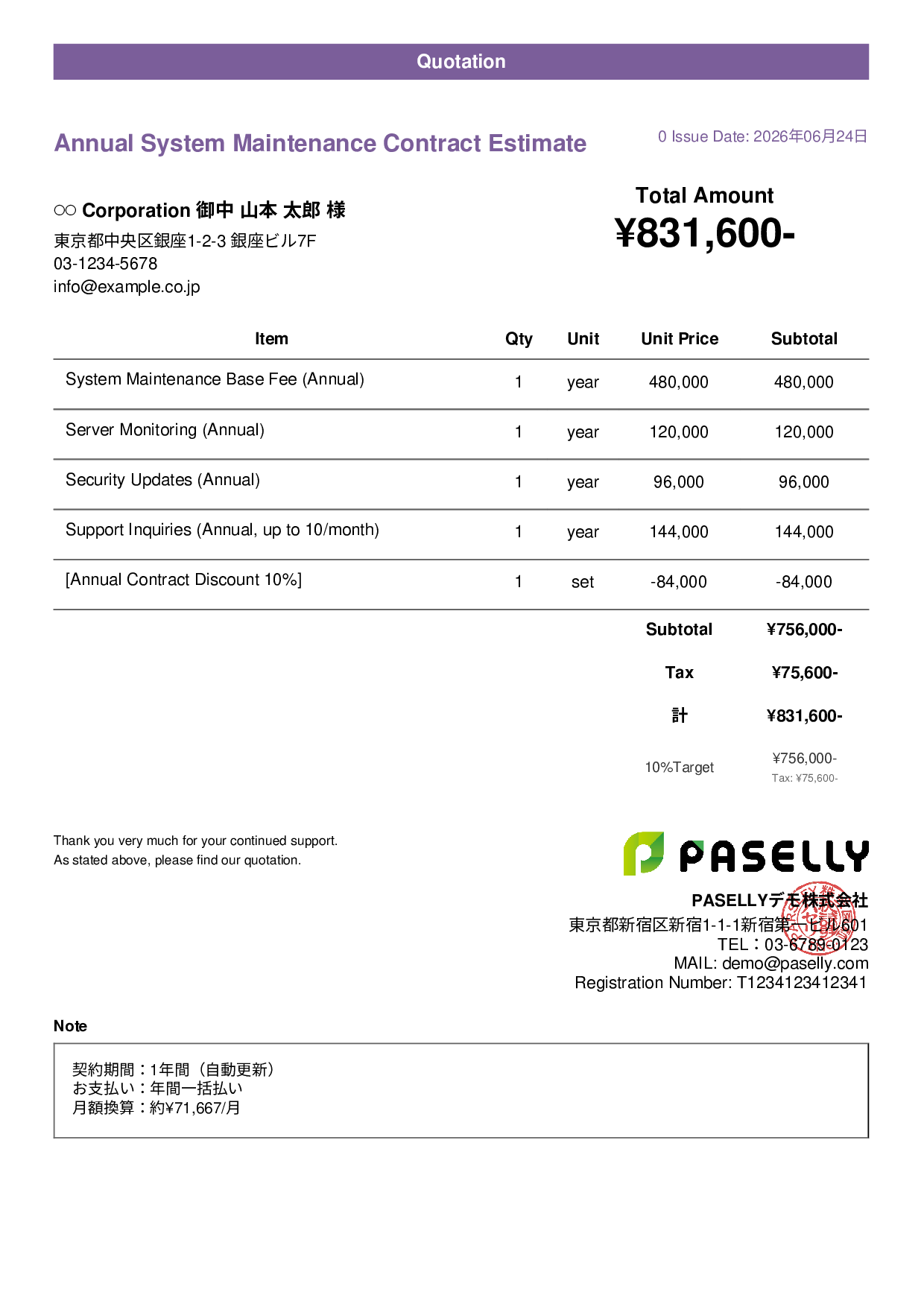 Annual Maintenance Contract Estimate (Monthly Equivalent) - Casual