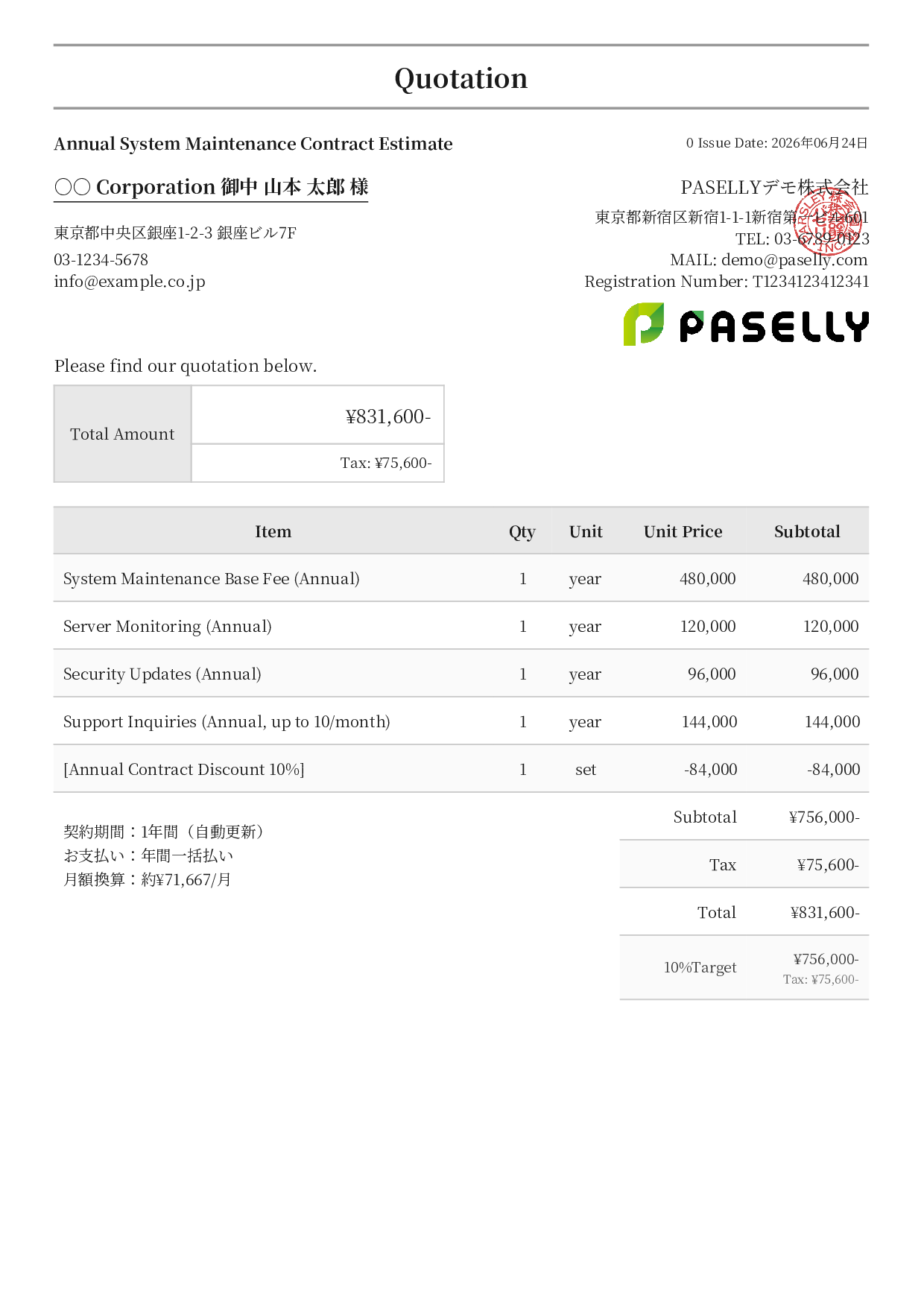 Annual Maintenance Contract Estimate (Monthly Equivalent) - Formal