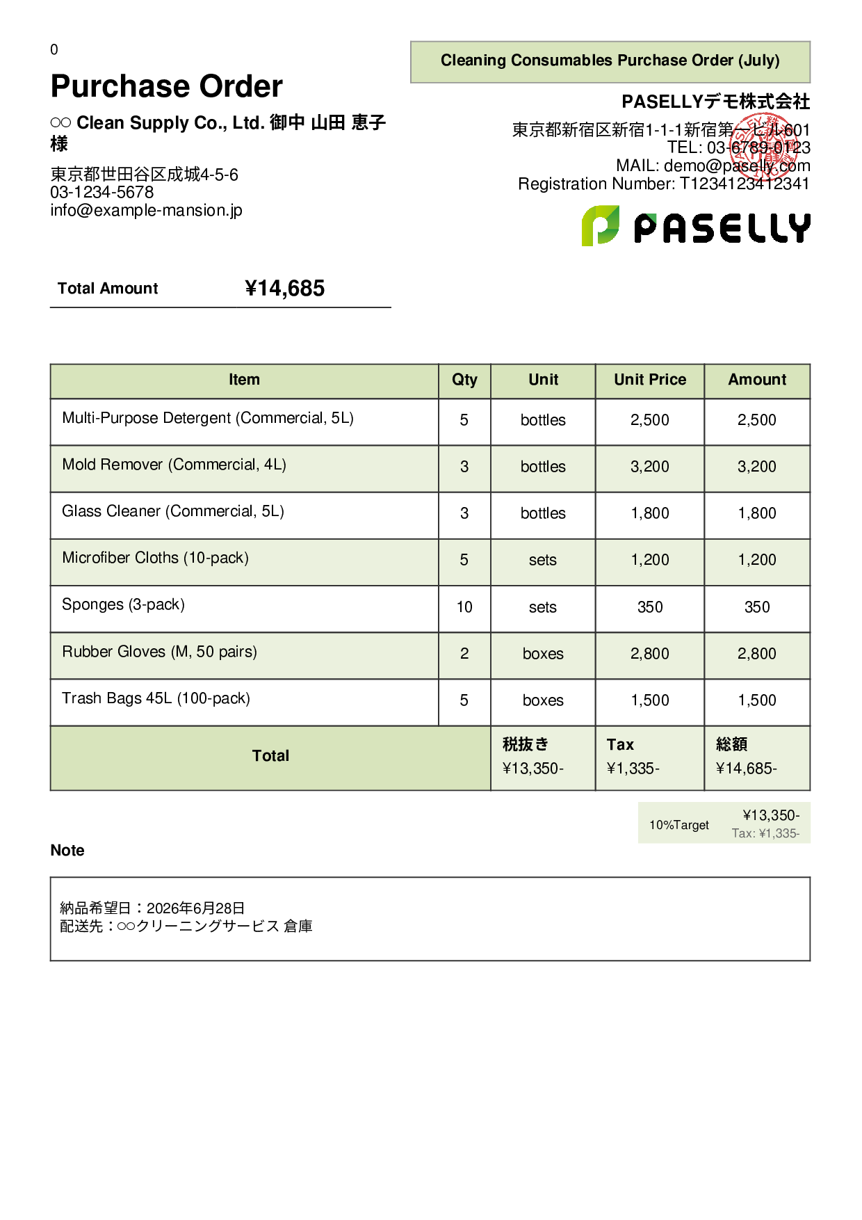 Cleaning Business Consumables Purchase Order - Panel