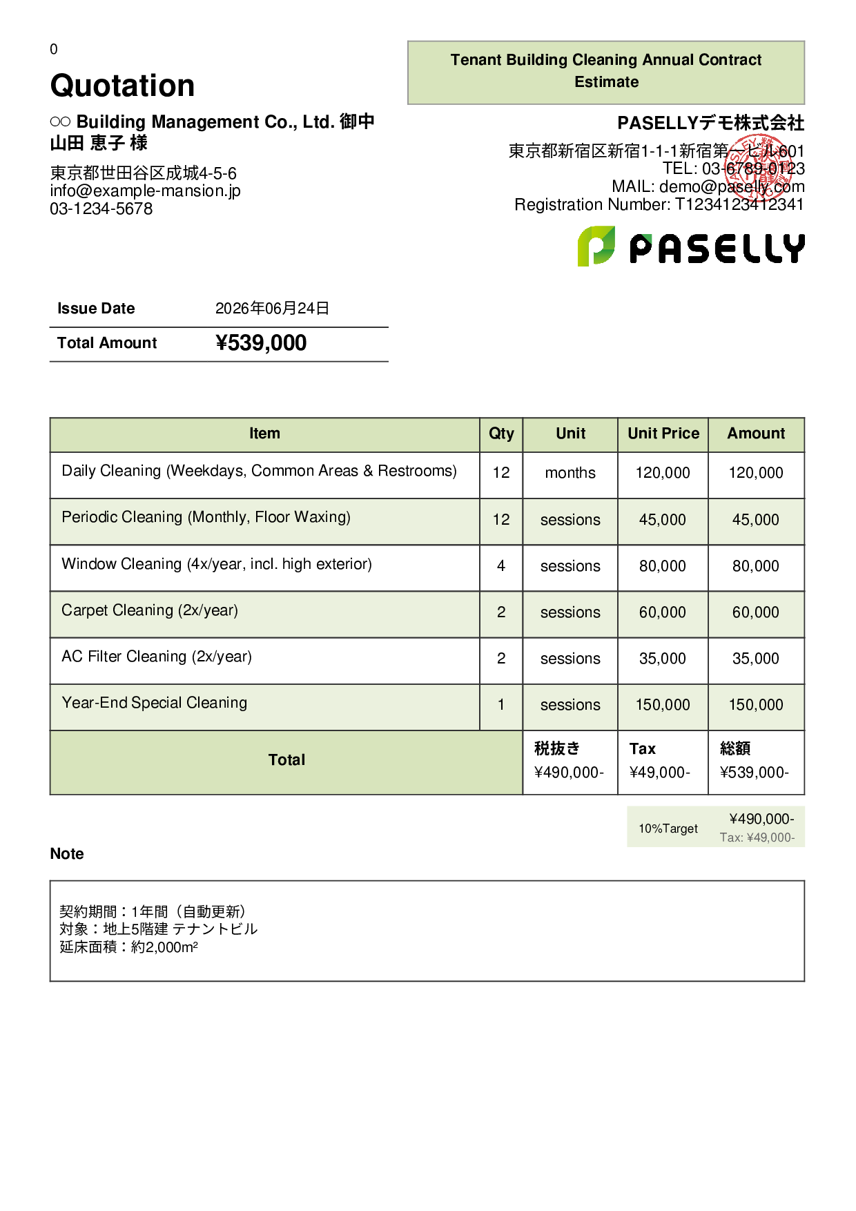 Building Maintenance Regular Cleaning Estimate - Panel