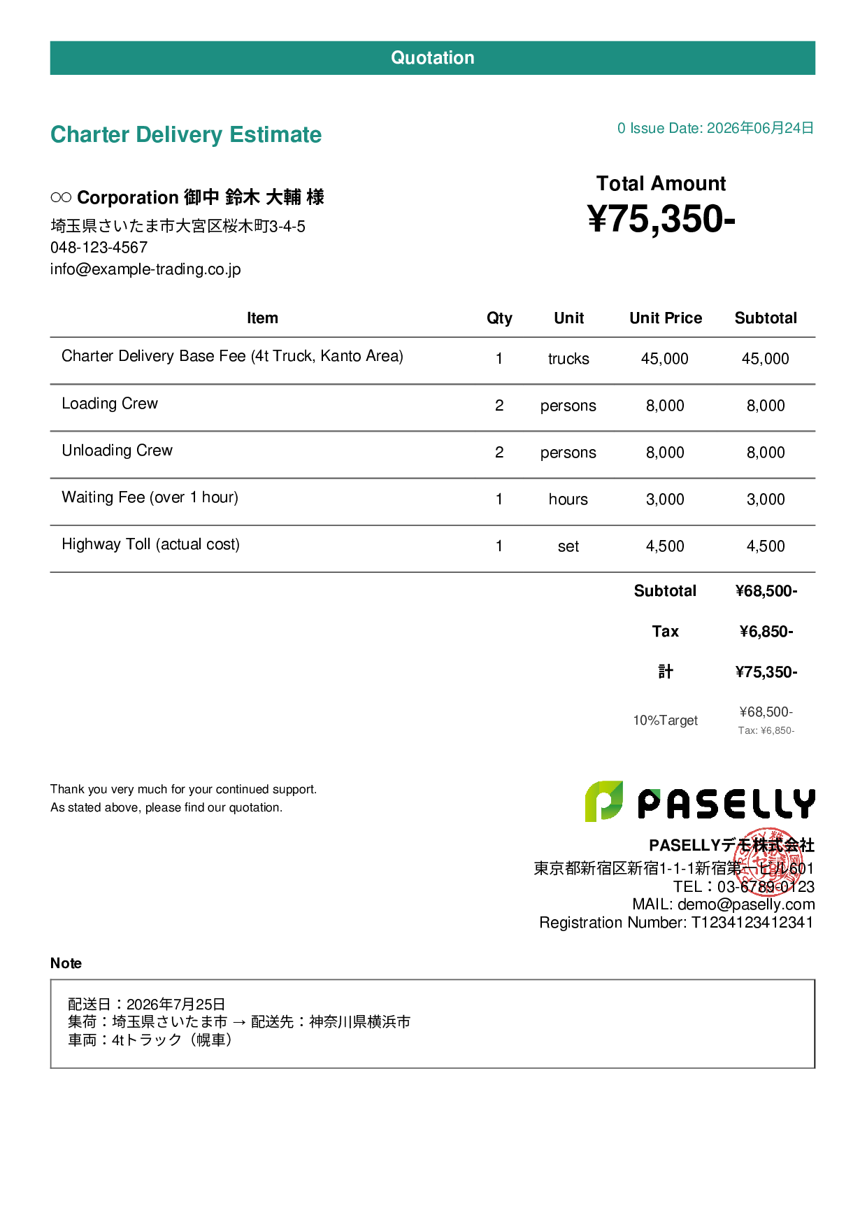 Charter Delivery Estimate - Casual