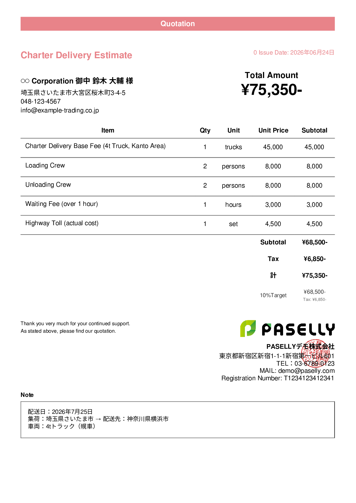 Charter Delivery Estimate - Casual